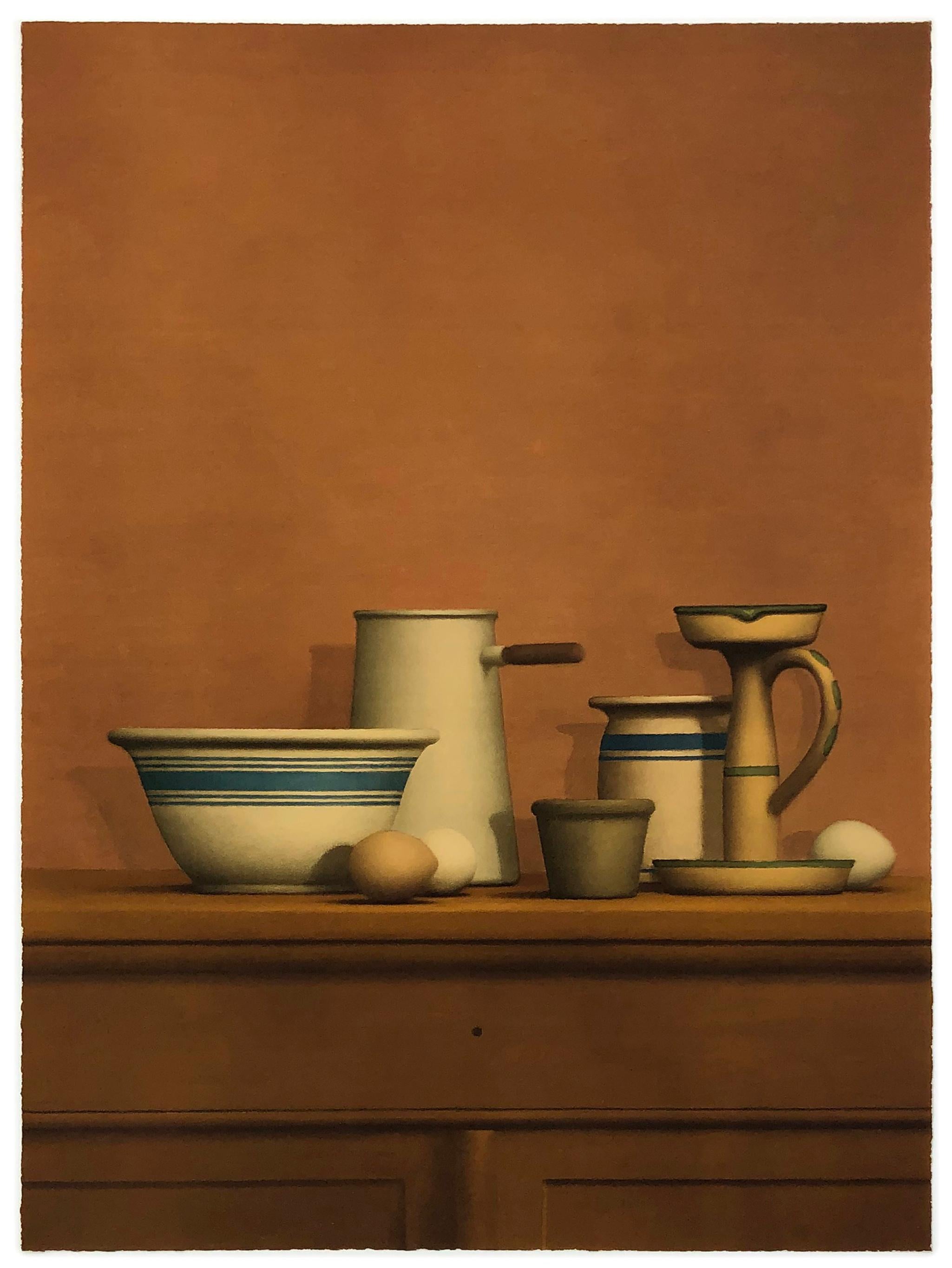William Bailey Still-Life Print - Still Life with Eggs, Candlesticks and Bowls