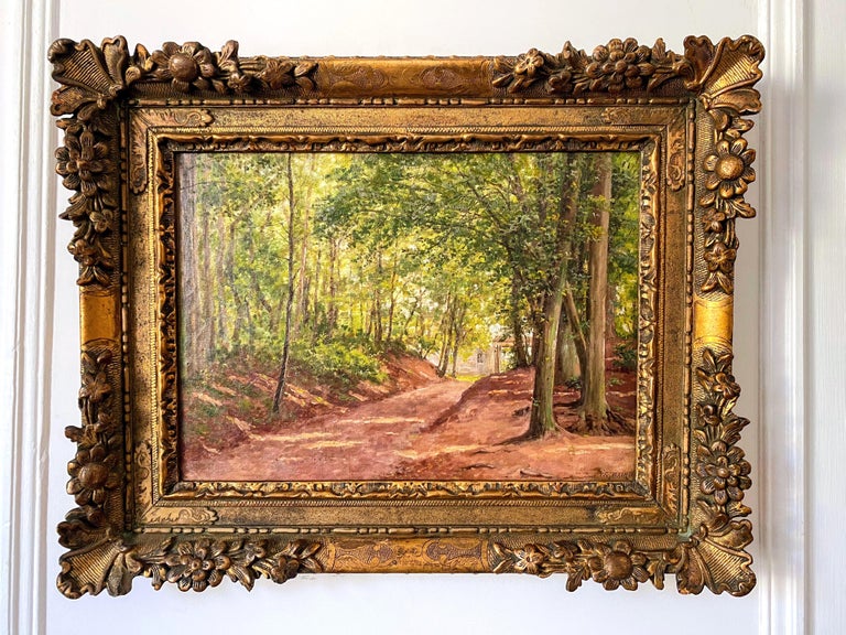 American Impressionist: Springtime, a sunny path in France 19thC oil painting For Sale 1