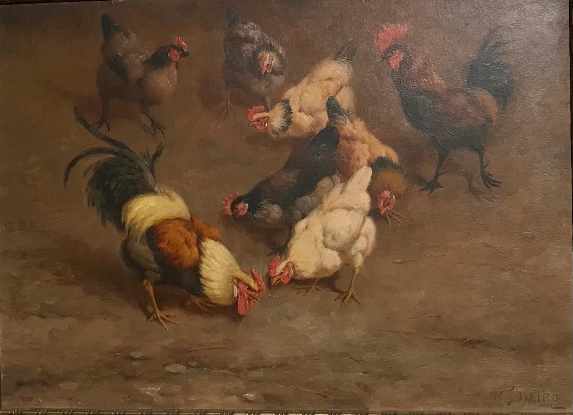 Poules (une paire) - Marron Animal Painting par William Baptiste Baird