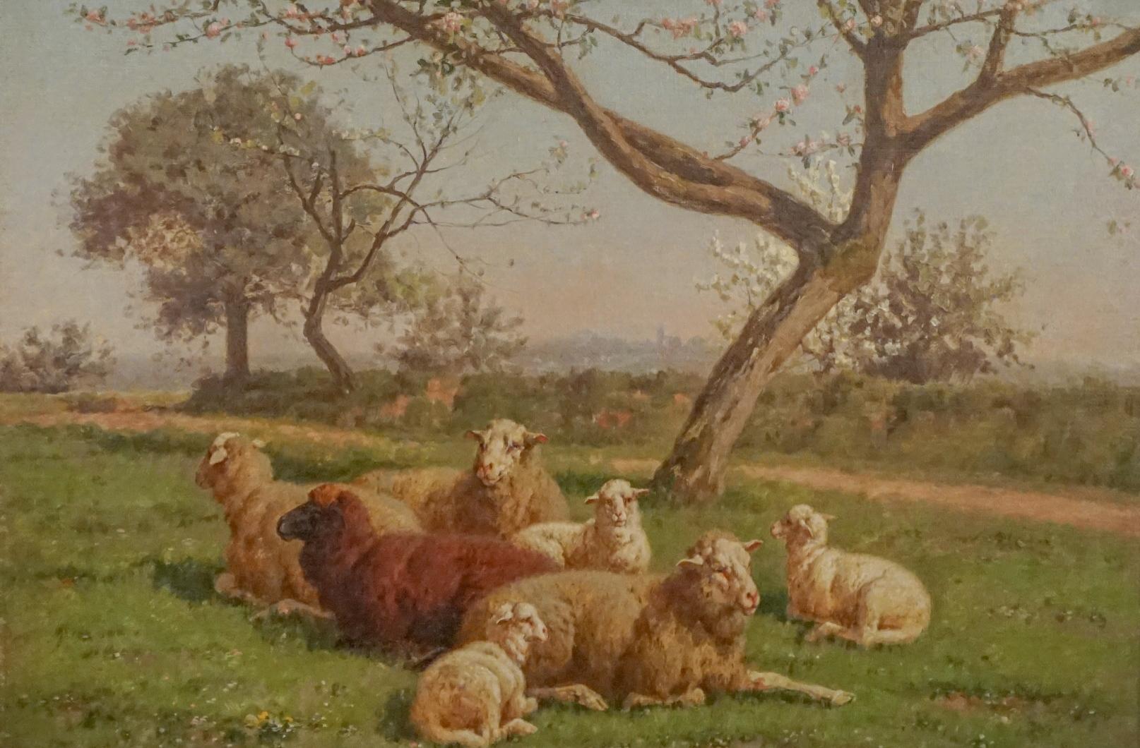 Family of sheeps resting under Apple Blossom Tree - Painting by William Baptiste Baird