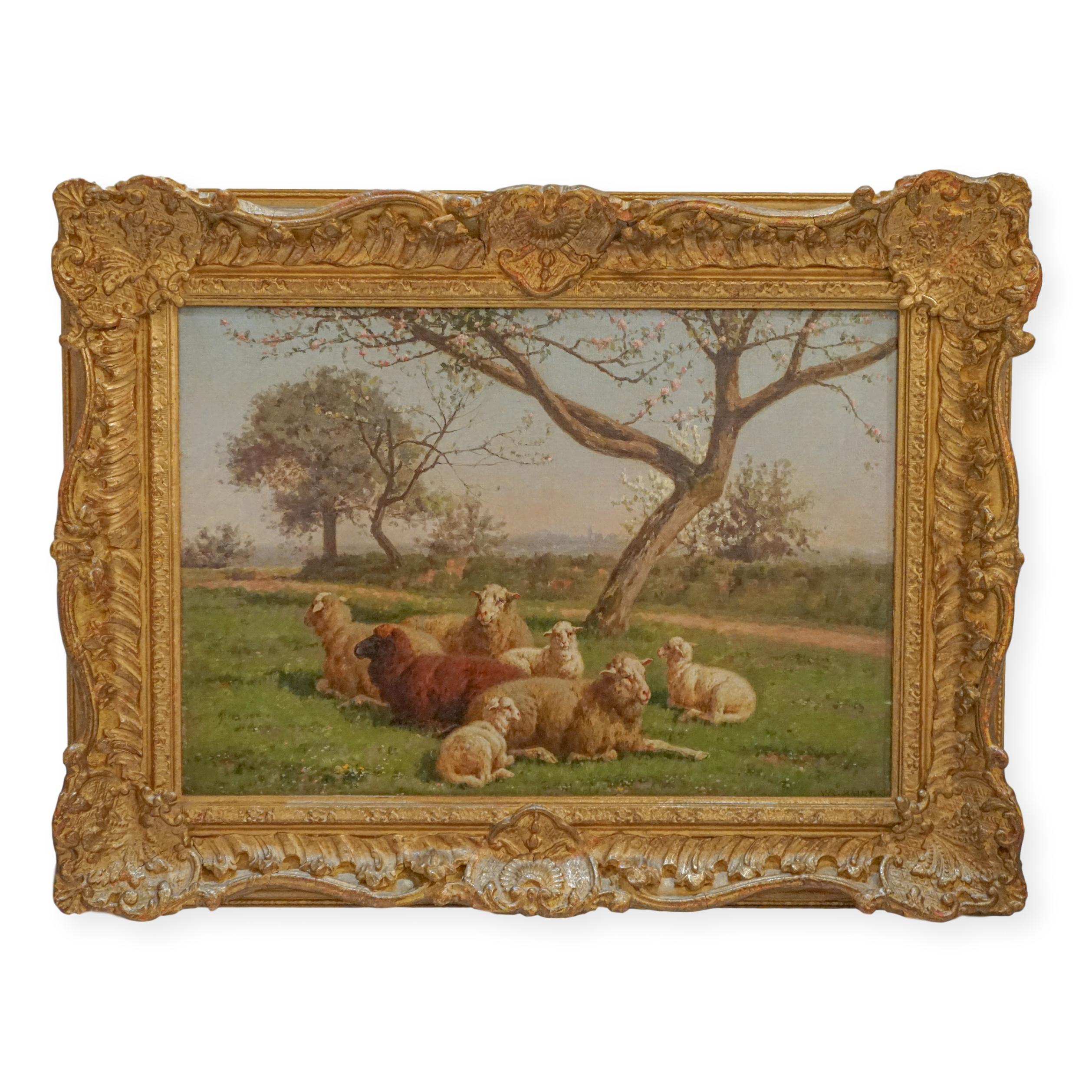 William Baptiste Baird Landscape Painting - Family of sheeps resting under Apple Blossom Tree