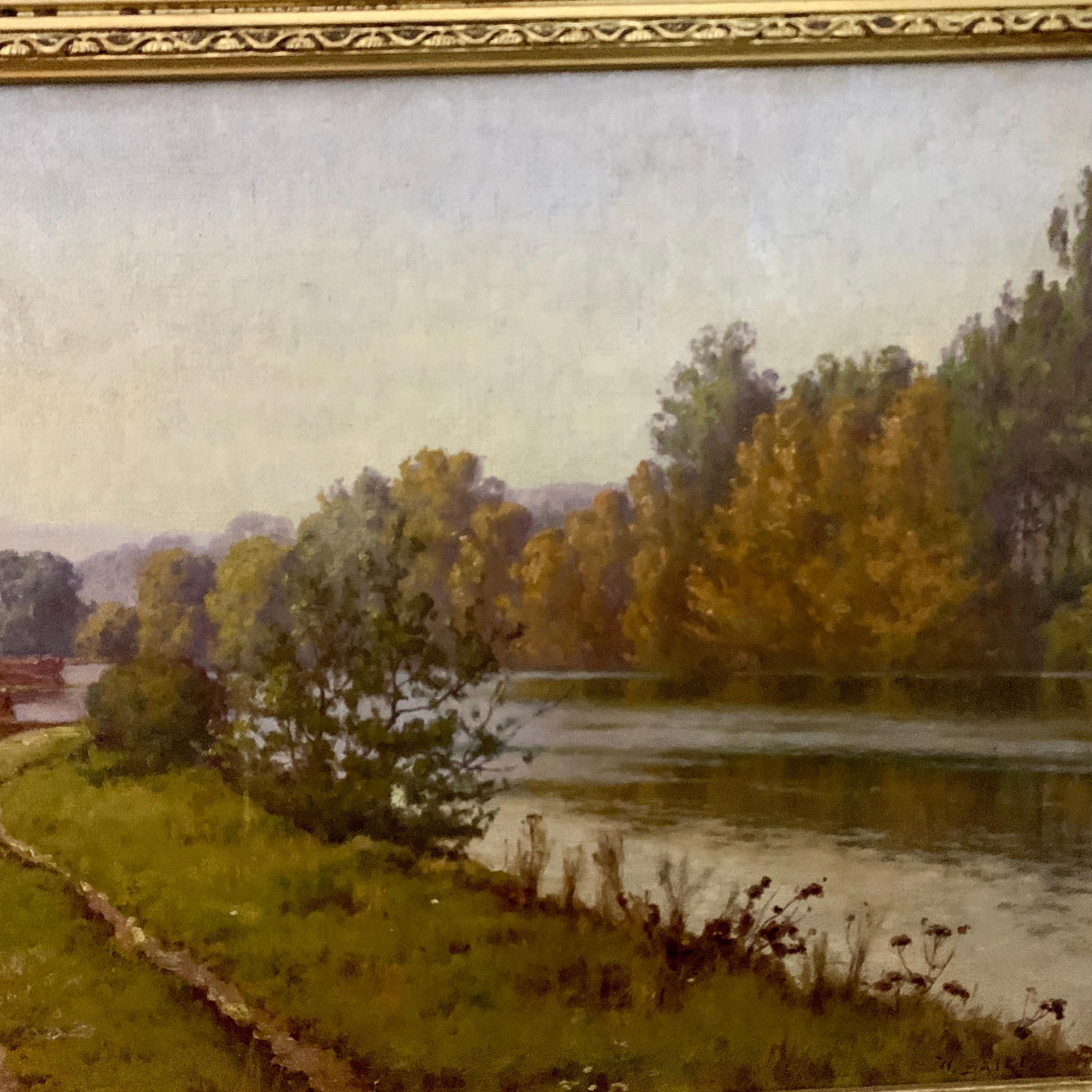 French 19th century Fall River landscape, with later afternoon sunlight - Painting by William Baptiste Baird