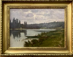 French 19th century River landscape, with cottage , punt and Wear