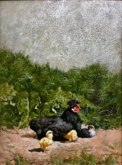 French chickens in a landscape with chicks