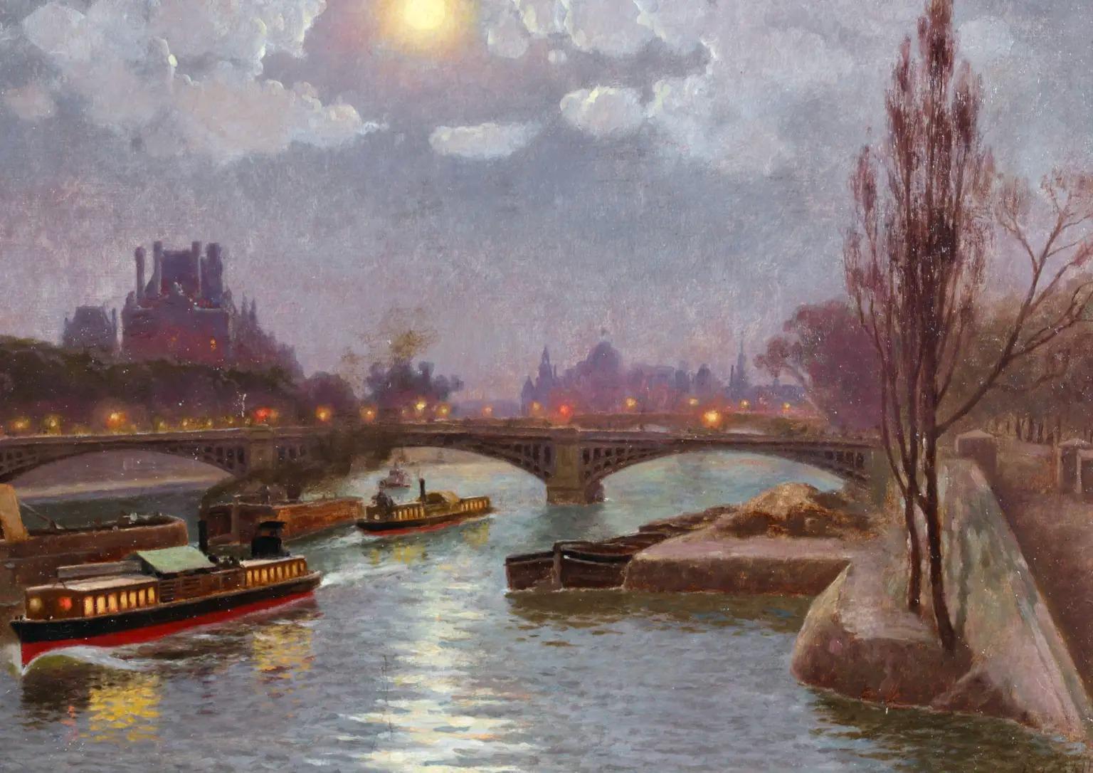 Huile sur panneau signée et titrée vers 1890 par le peintre impressionniste américain William Baptiste Baird. L'œuvre représente des bateaux naviguant et amarrés sur la Seine à Paris, en France. Le pont est éclairé par les lampadaires tandis que la