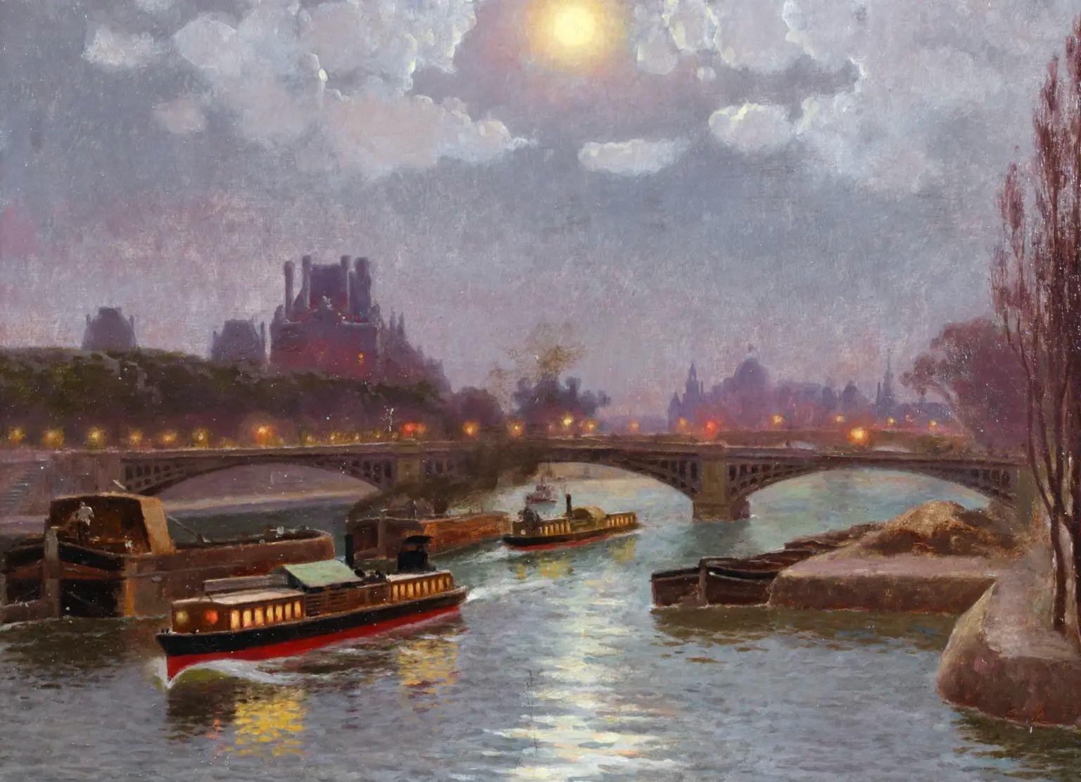 Signed and titled oil on board circa 1890 by American impressionist painter William Baptiste Baird. The piece depicts boats sailing and moored on the River Seine in Paris, France. The bridge is lit up by the street lights as the moon above