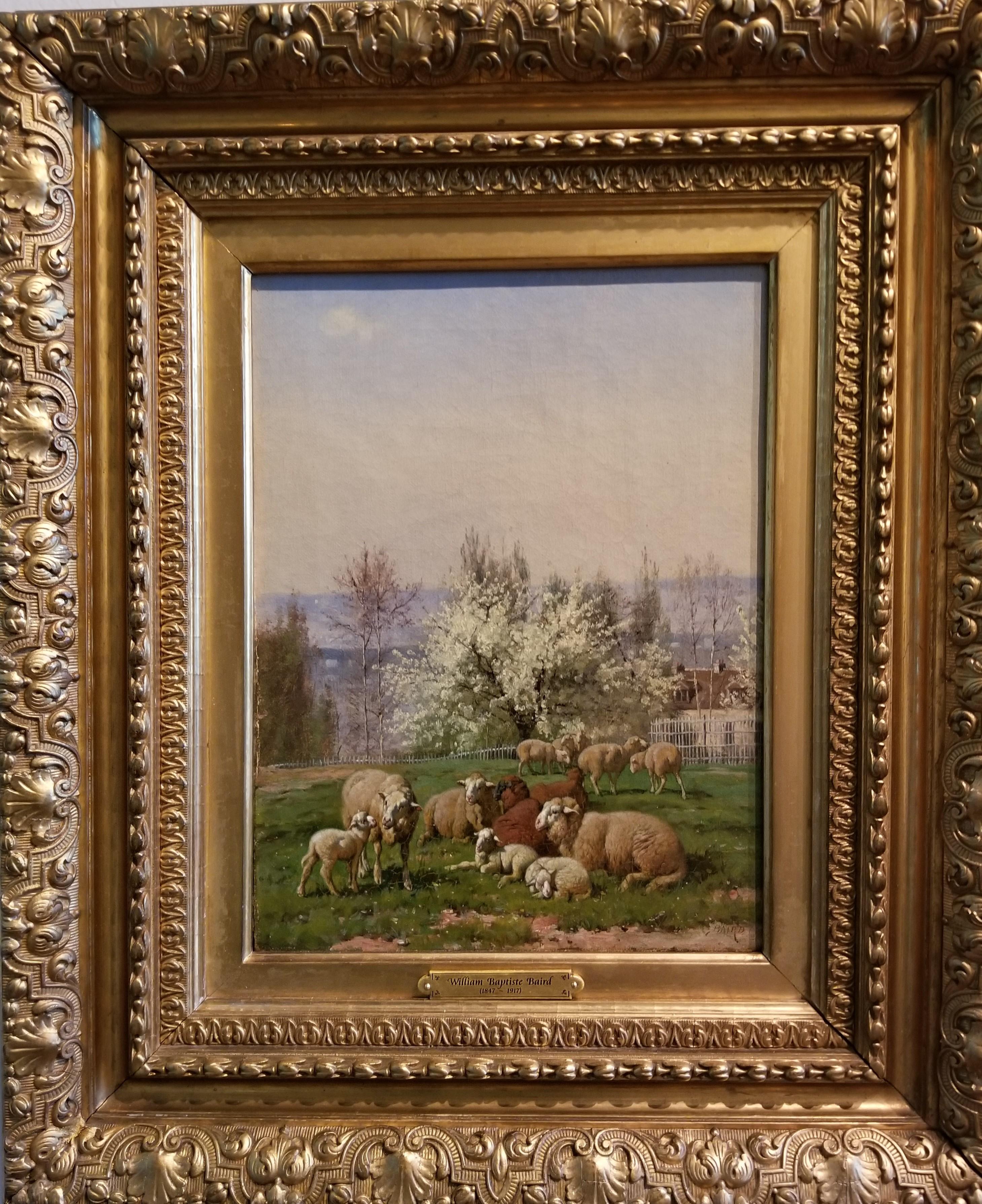 Sheep and Lambs in a Spring Meadow - Academic Painting by William Baptiste Baird