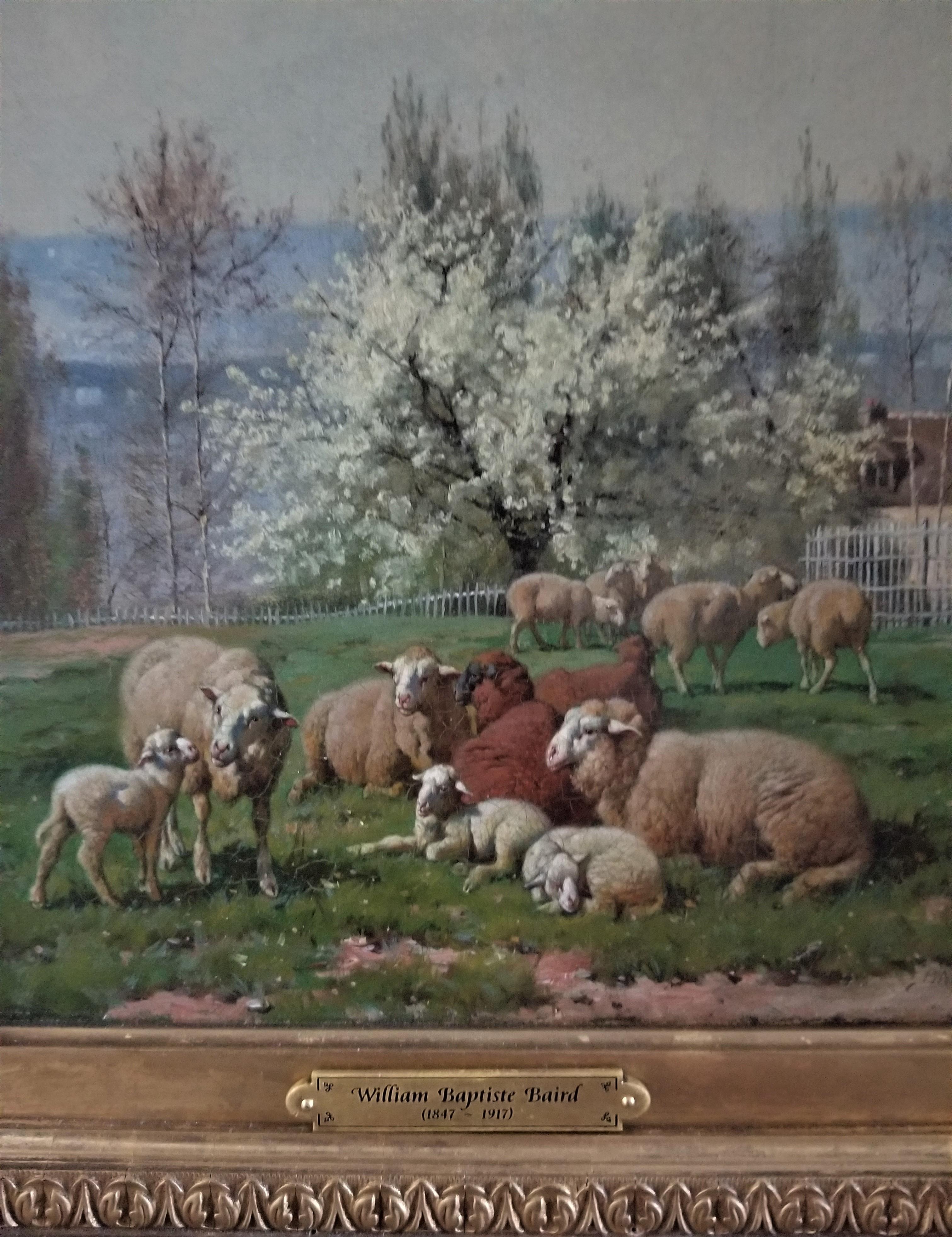 Sheep and Lambs in a Spring Meadow - Brown Landscape Painting by William Baptiste Baird