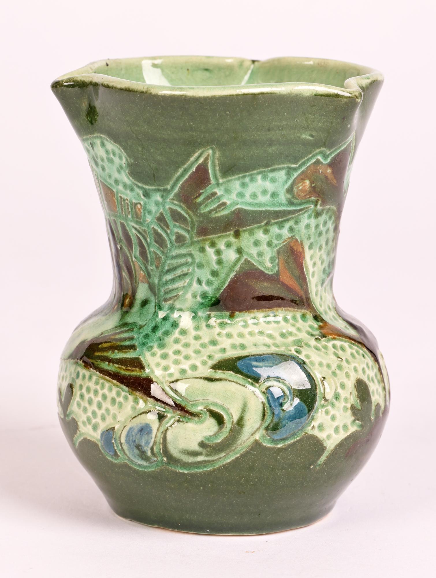 William Baron Art Pottery Sgraffito Glazed Fish Vase For Sale 2