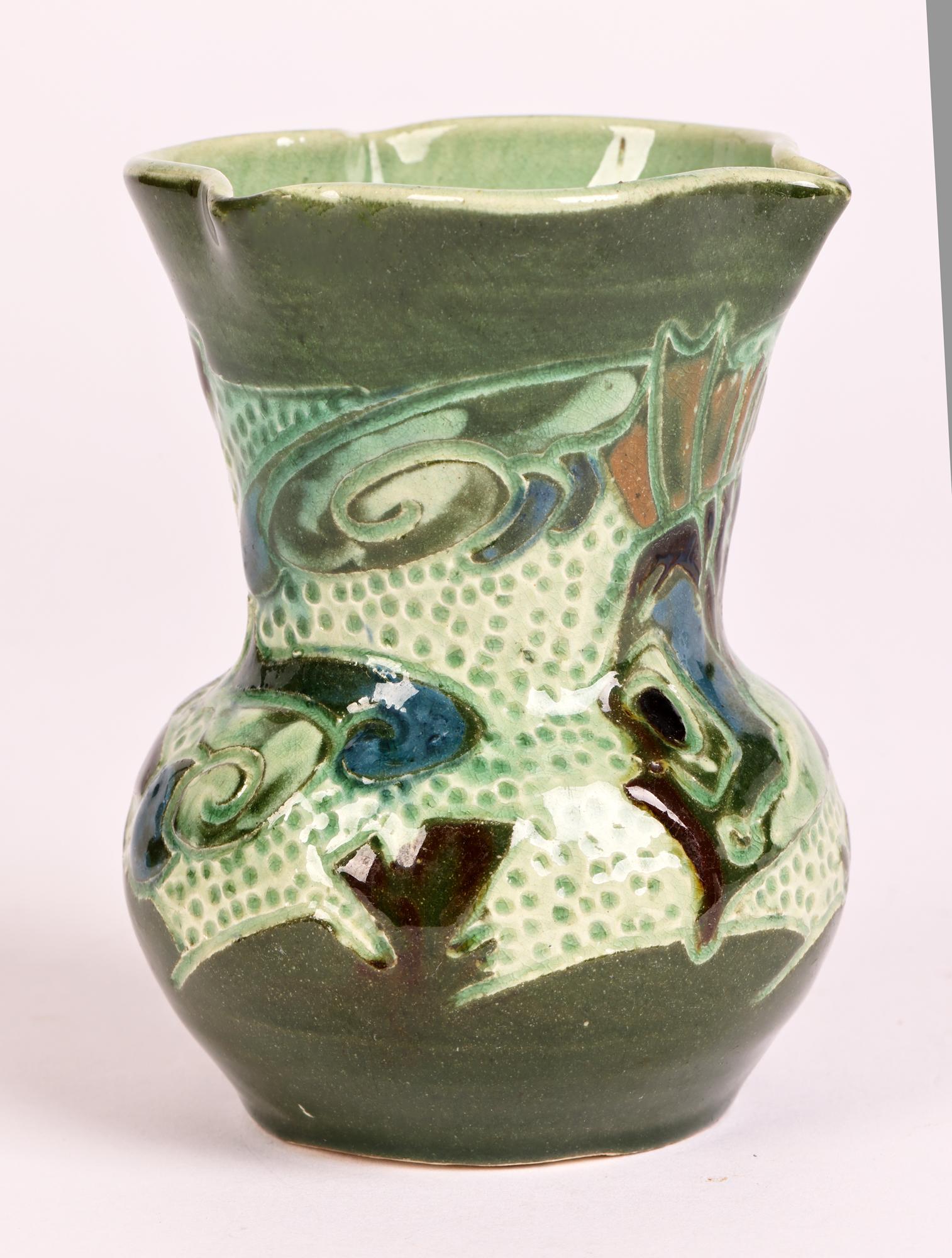 Art Nouveau William Baron Art Pottery Sgraffito Glazed Fish Vase For Sale
