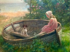 Terrier and Girl in Beached Rowboat, original oil circa 1900