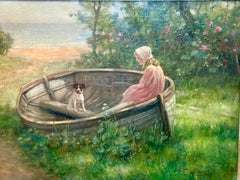 Terrier and Girl in Beached Rowboat, original oil circa 1900