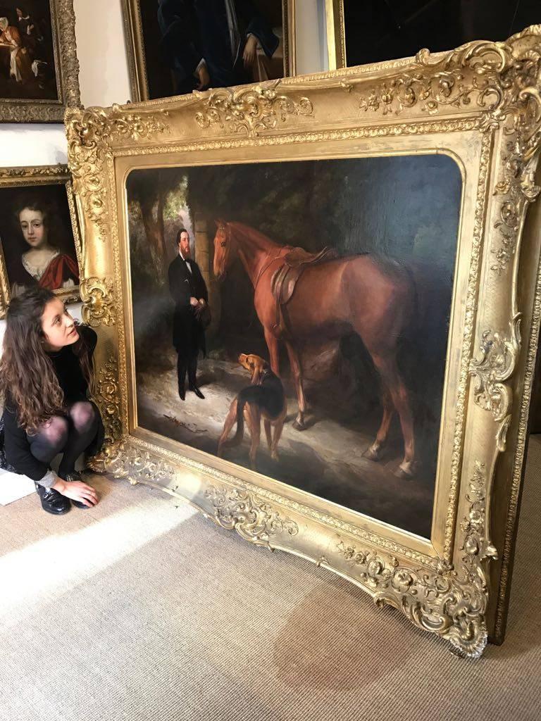 Enormous and beautiful early 19th Century painting of a Master, Hunter and Hound - Painting by William Barraud