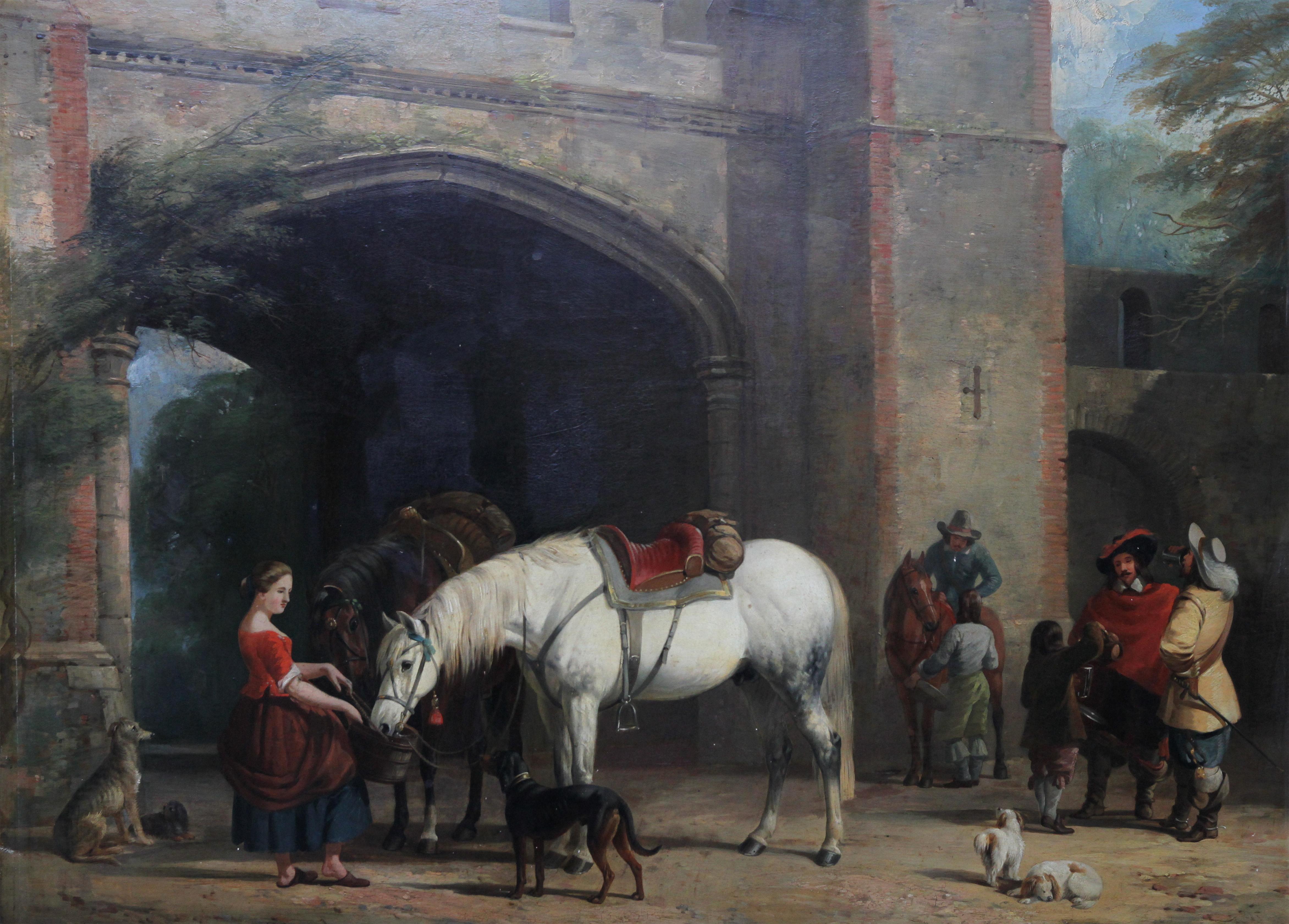 Interior of a Courtyard - British art Old Master oil painting animal artist dogs - Painting by William Barraud