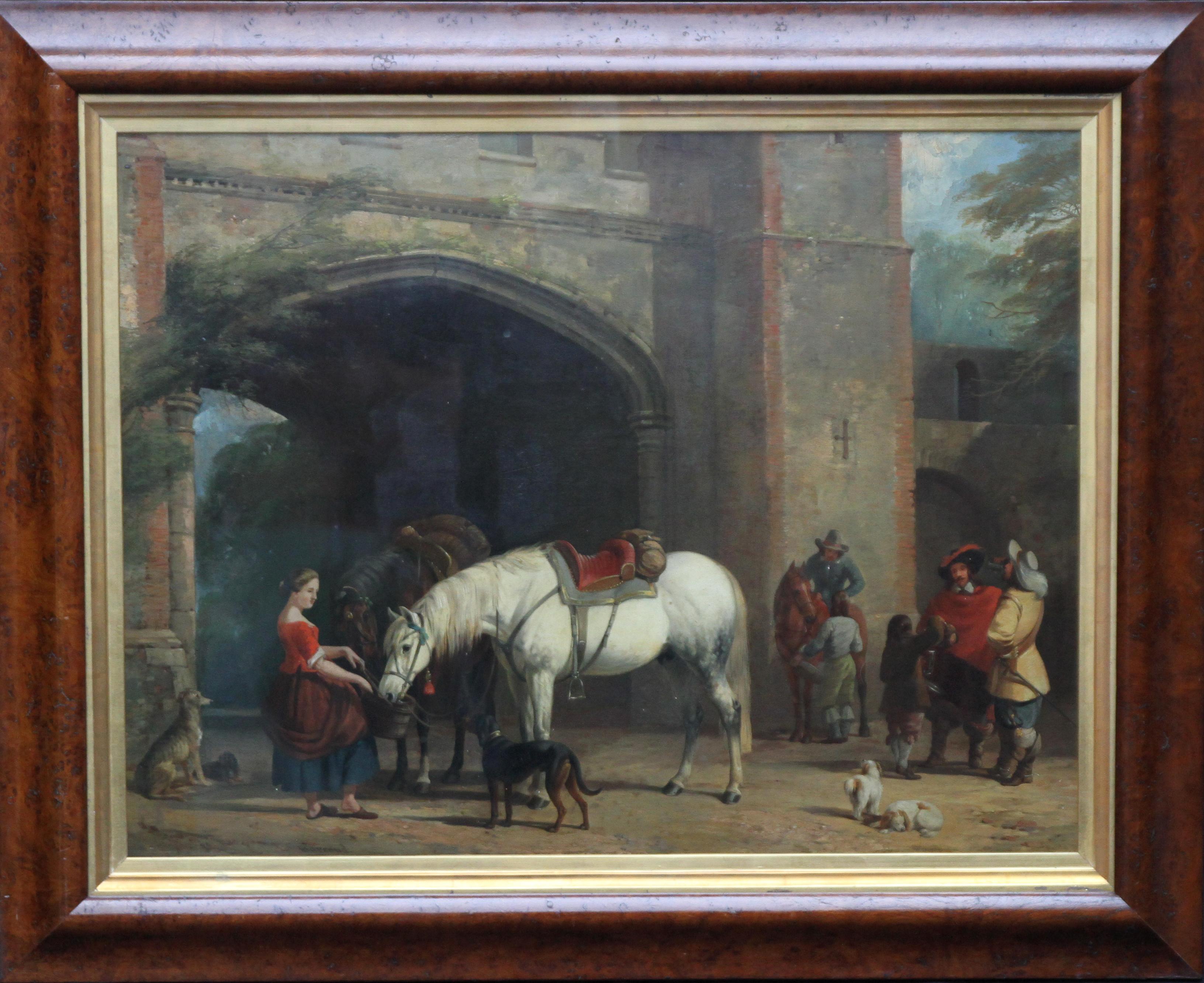 William Barraud Animal Painting - Interior of a Courtyard - British art Old Master oil painting animal artist dogs