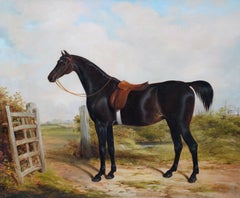 Portrait d'un cheval de chasseur de la baie sombre dans un paysage - Peinture à l'huile britannique du 19e siècle