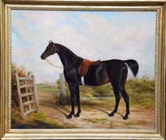 Antique Portrait of a Dark Bay Hunter Horse in a Landscape - British 19thC oil painting