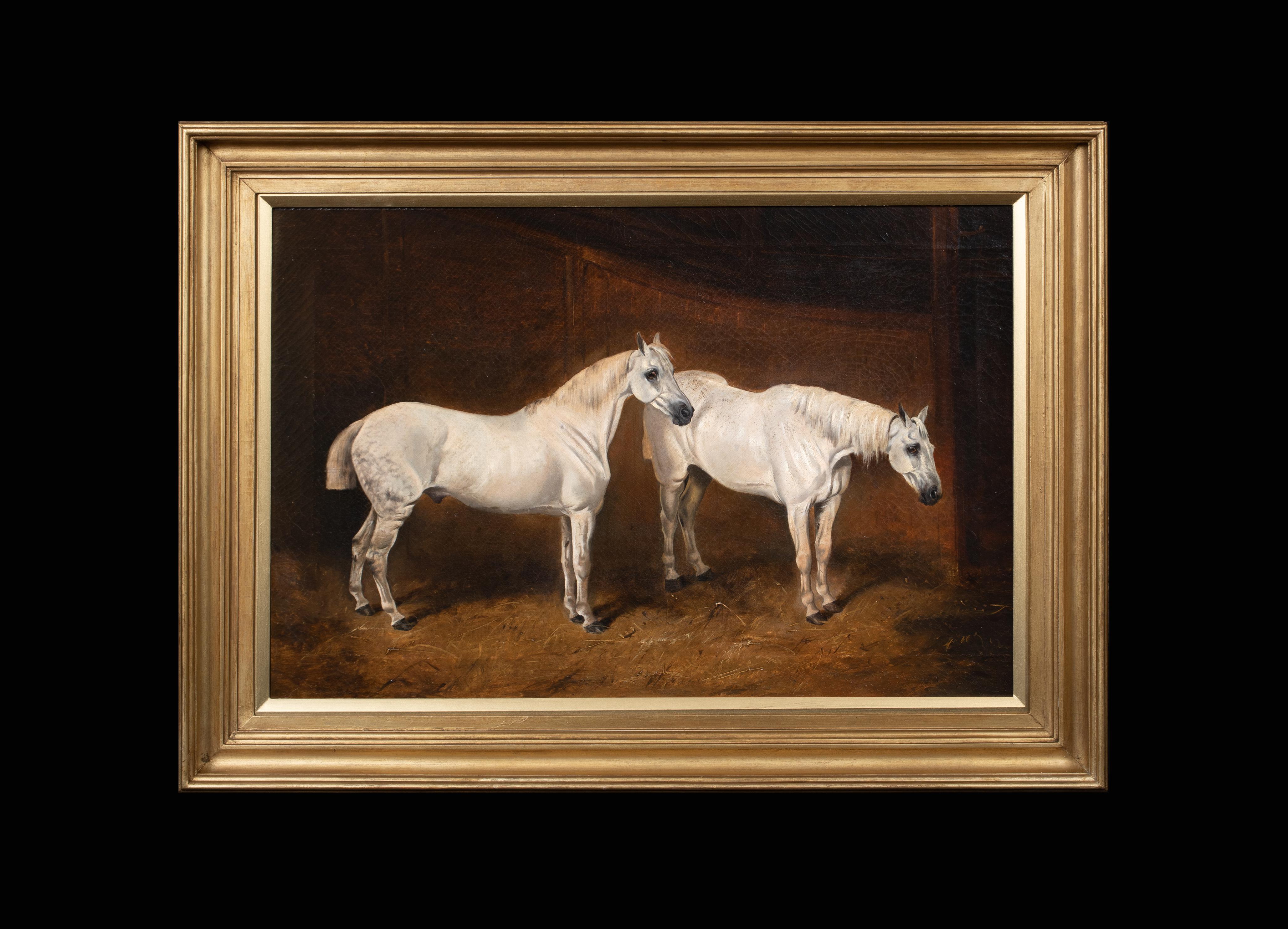 Two White Horses In A Stable, 19th Century - Painting by William Barraud