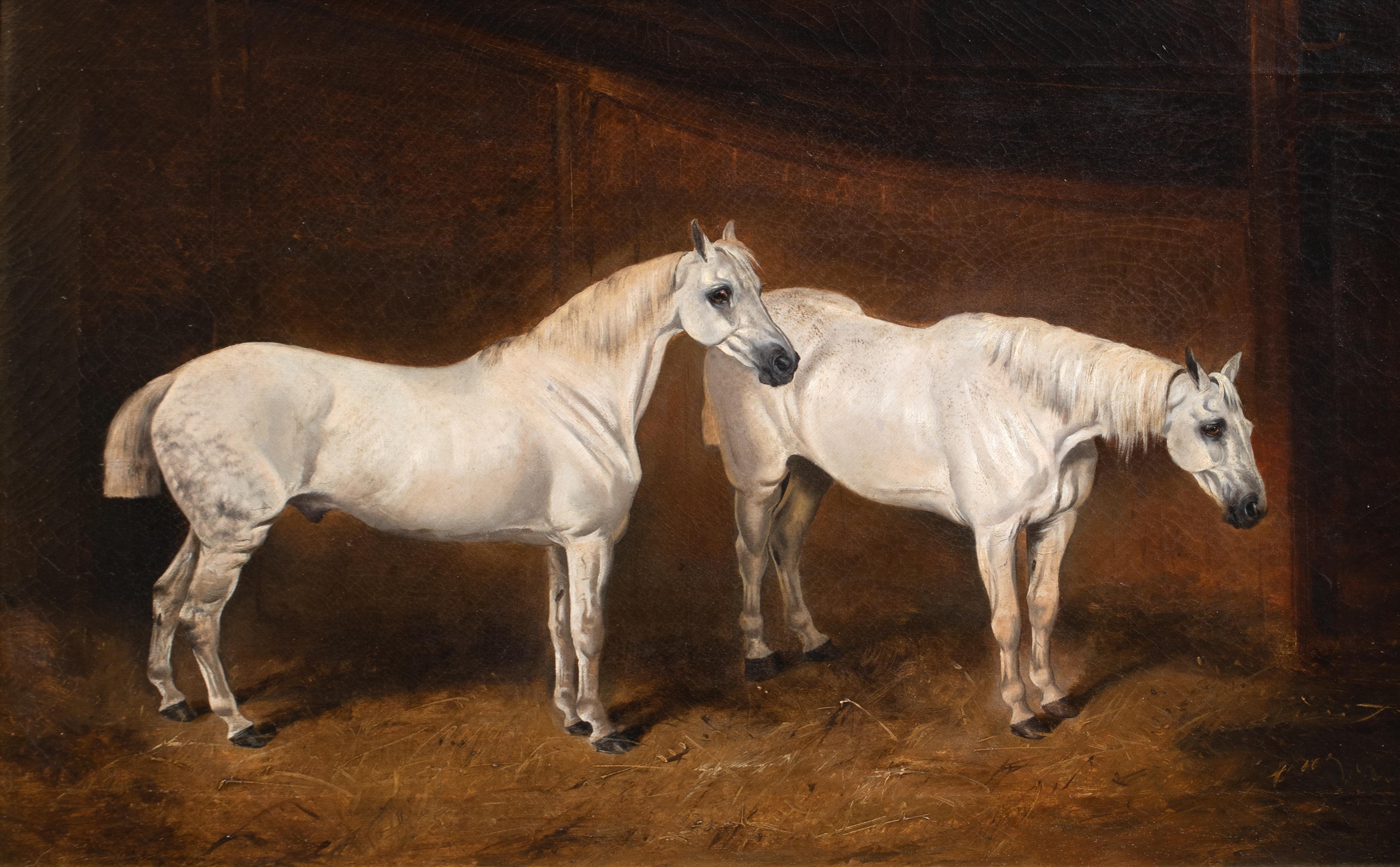 Two White Horses In A Stable, 19th Century 3