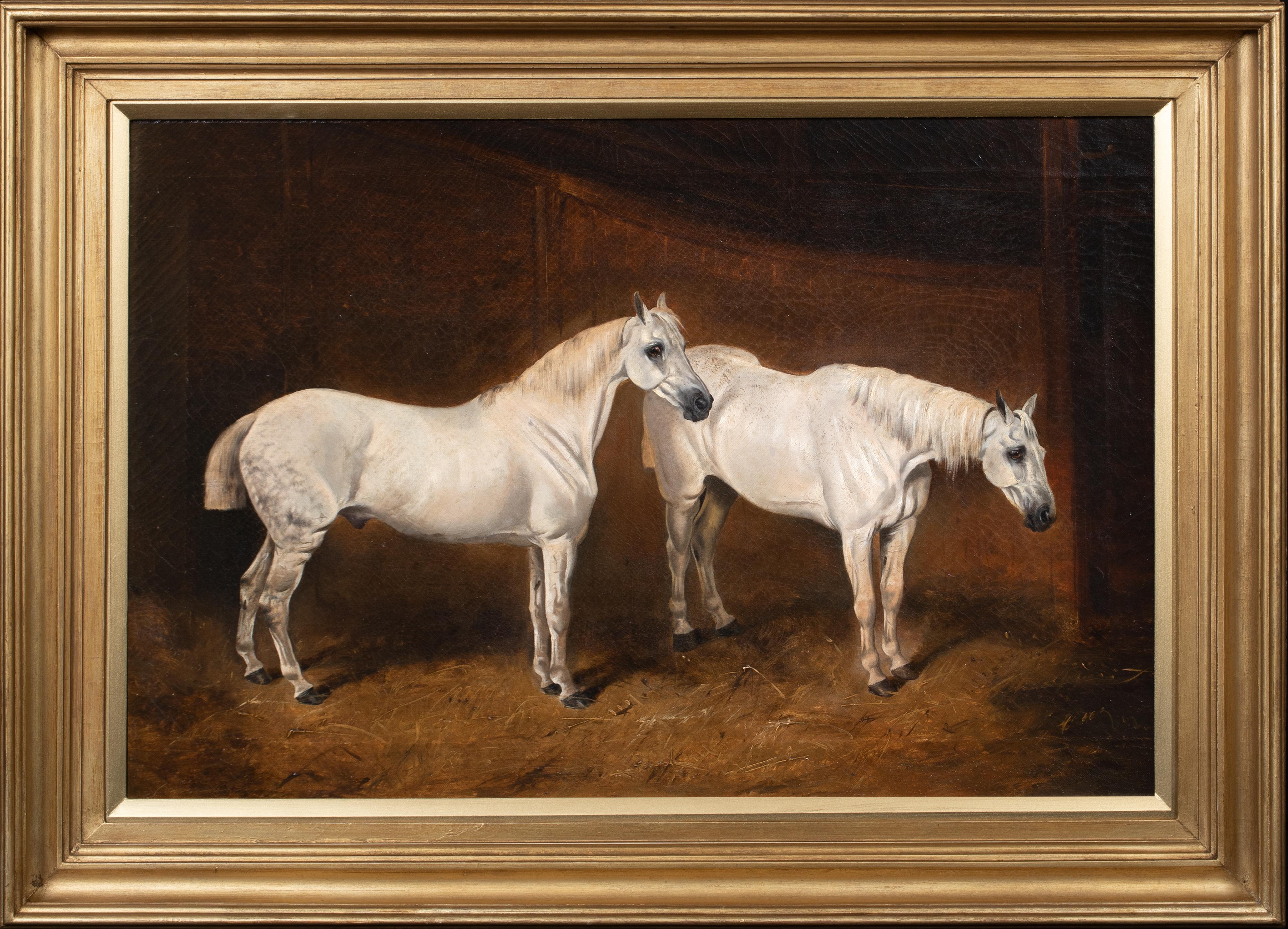 William Barraud Portrait Painting - Two White Horses In A Stable, 19th Century