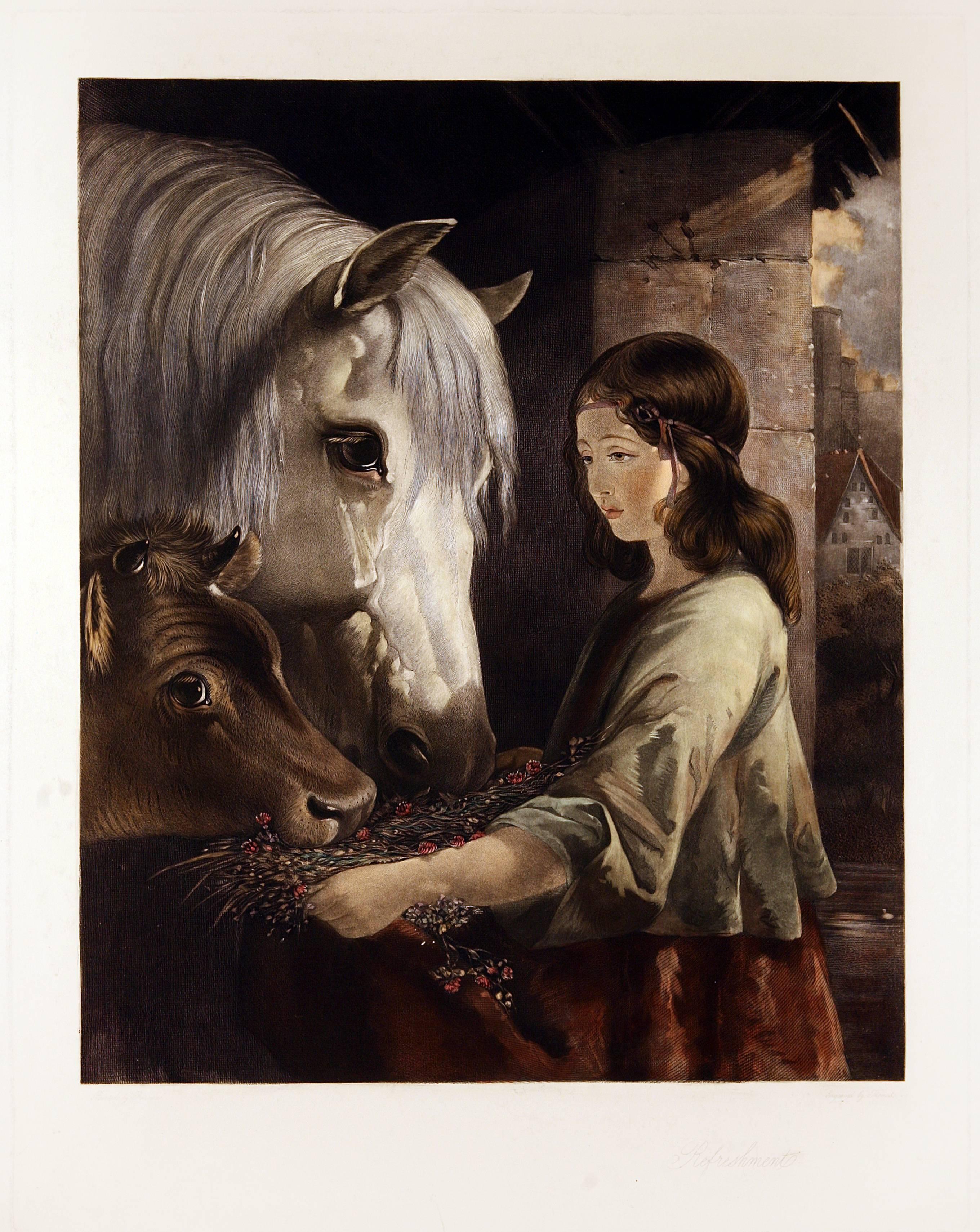William Barraud Figurative Print - Feeding the Horse and Cow