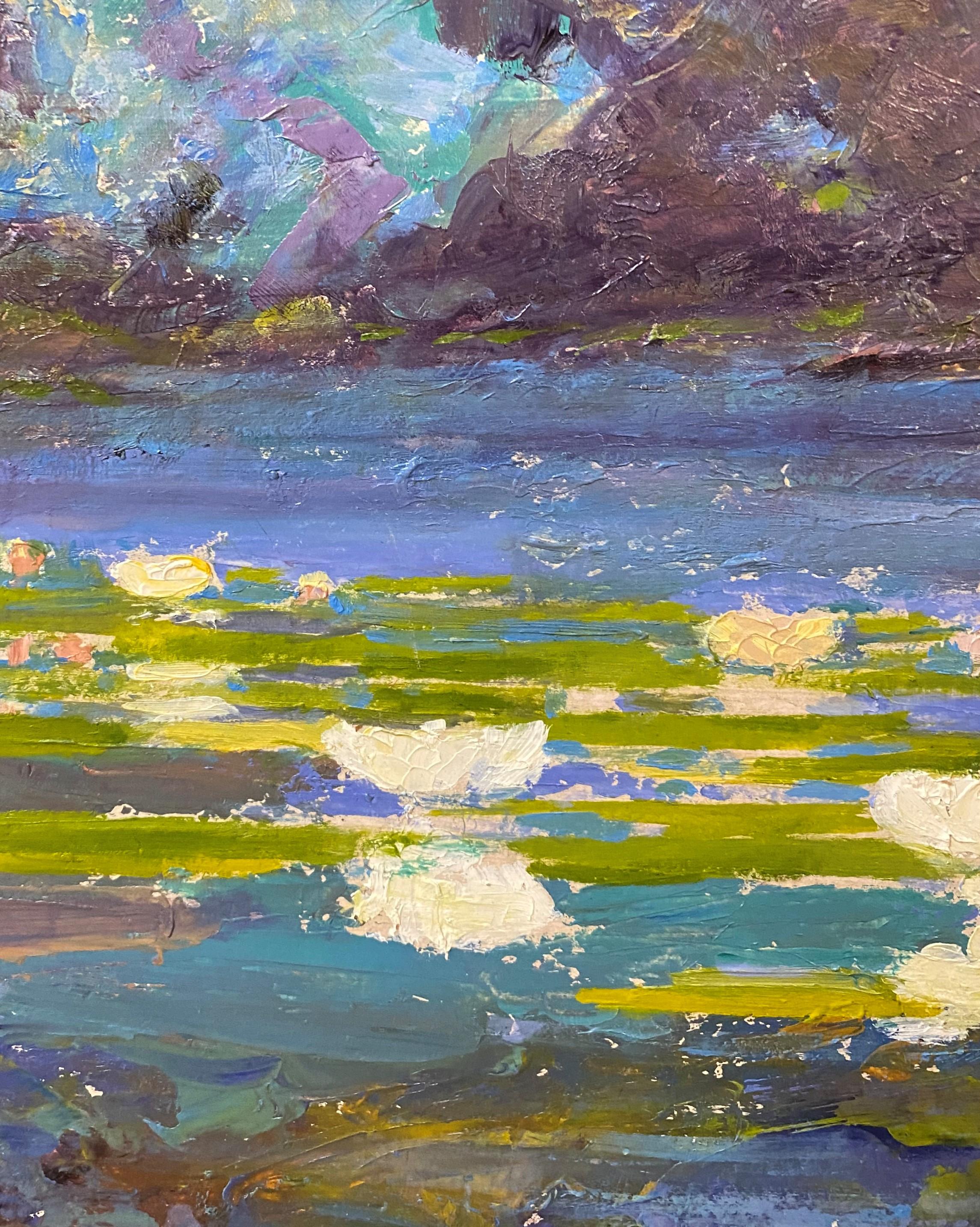 Paysage impressionniste d'un étang avec des nénuphars par l'artiste américain William Baxter Closson (1848-1926). Closson est né à Thetford, dans le Vermont, et a étudié à l'Institut Lowell de Boston. Il a commencé sa carrière comme graveur pour le