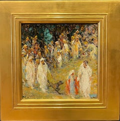 Antique Oil Figurative Painting of People Walking
