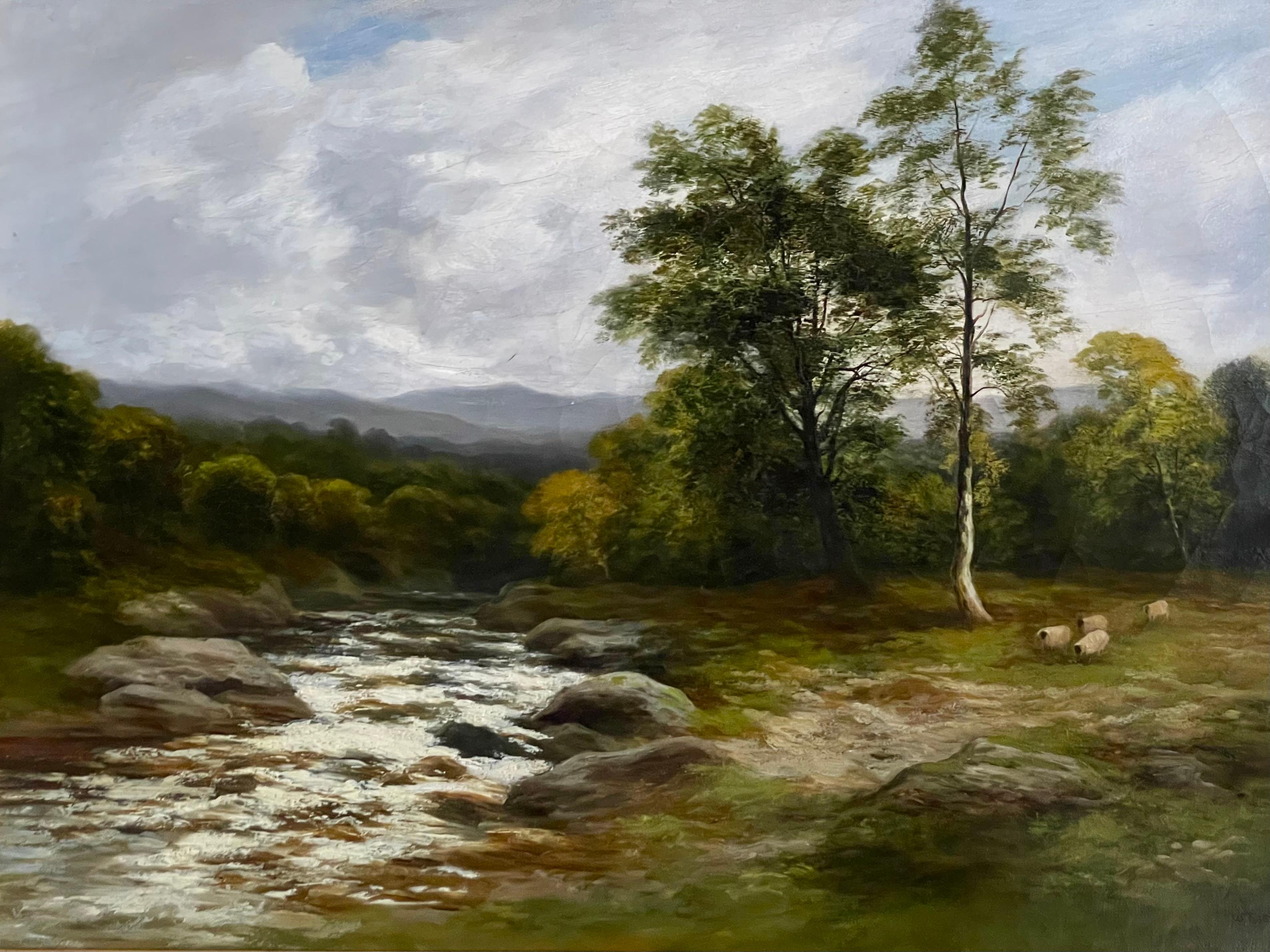 William Beattie-Brown Landscape Painting - Highland Stream with Sheep