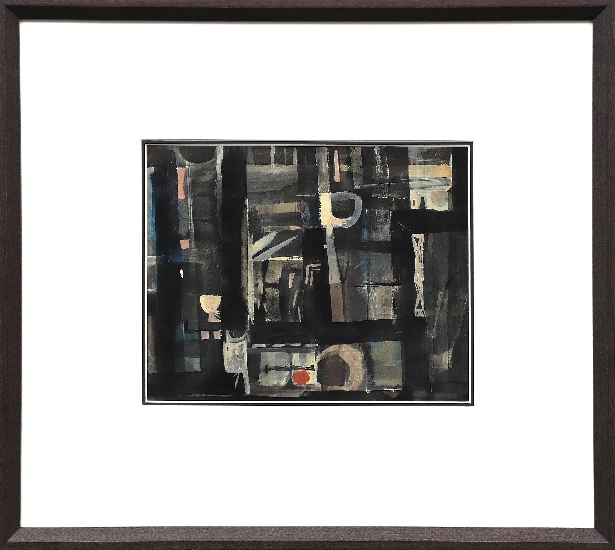 Framed Mid-Century Modern Abstract Watercolor Painting, Blue, Black, Grey, White