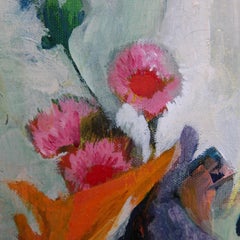 Colorful Impressionist Modern Floral Still Life Painting with Lemon and Portrait