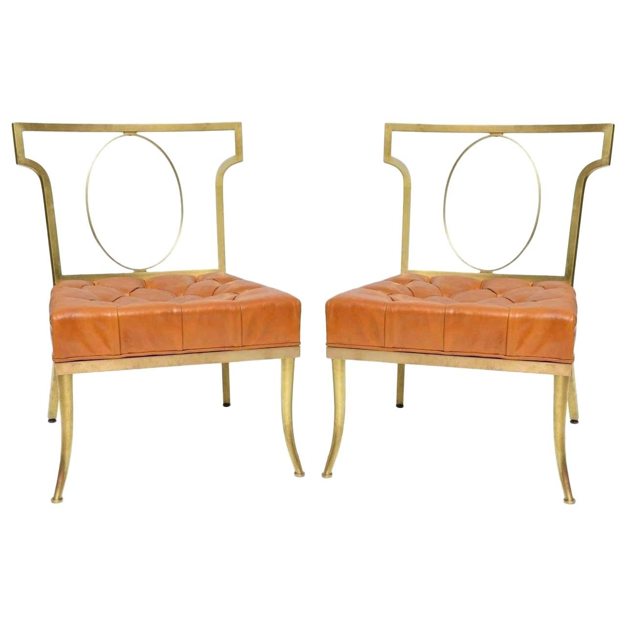 William "Billy" Haines Brass and Orange Leather Chairs