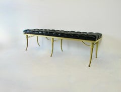 Style of William "Billy" Haines Button Tufted Black Leather Brass Base Bench