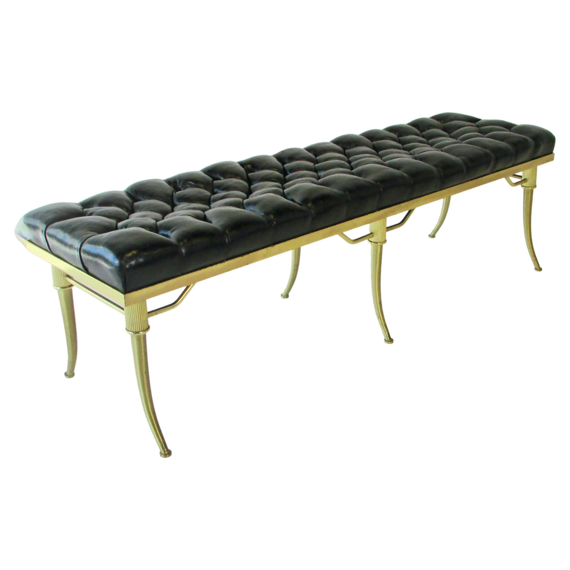 Style of William "Billy" Haines Button Tufted Black Leather Brass Base Bench For Sale