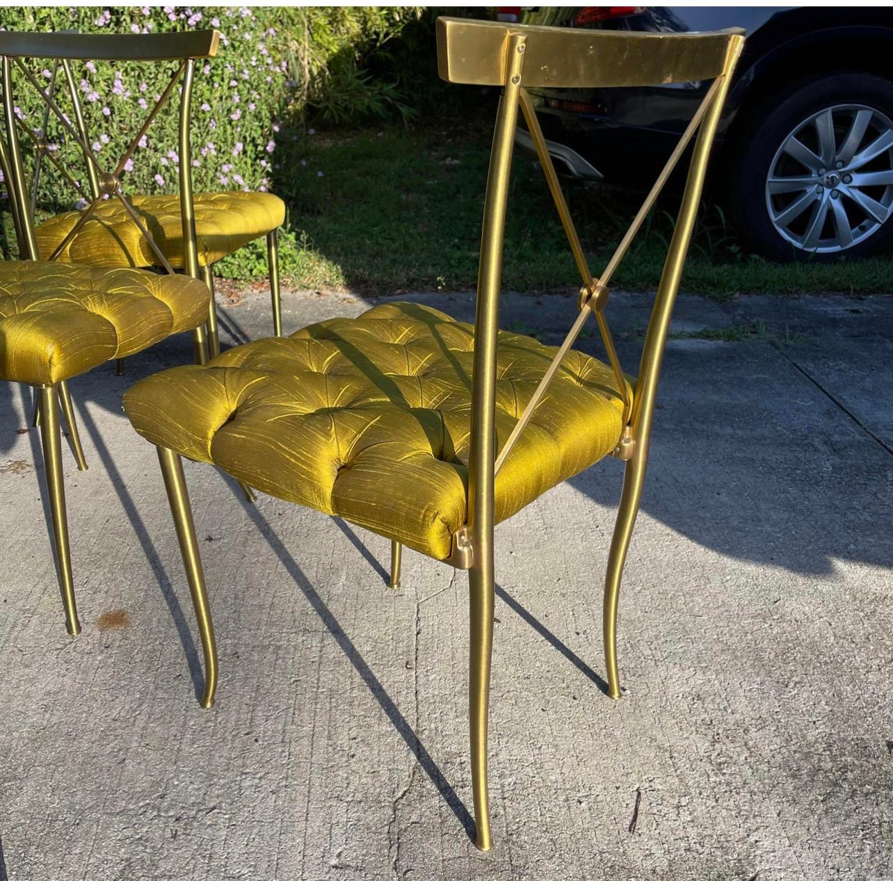 20th Century William “Billy” Haines Brass Campaign Tufted Raw Silk Dining Chairs, Set of 4