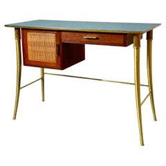 William Billy Haines Brass Klismos Leg Desk Table in Walnut and Cane circa 1950s