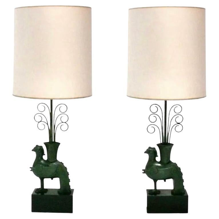 William Billy Haines Cast Metal with Pompeian Bronze table lamp pair, 1950s. Shades are NOT included. 
Haines included this design in a few of his commissions, most importantly Jack Warner’s Beverly Hills estate, which featured one of these lamps