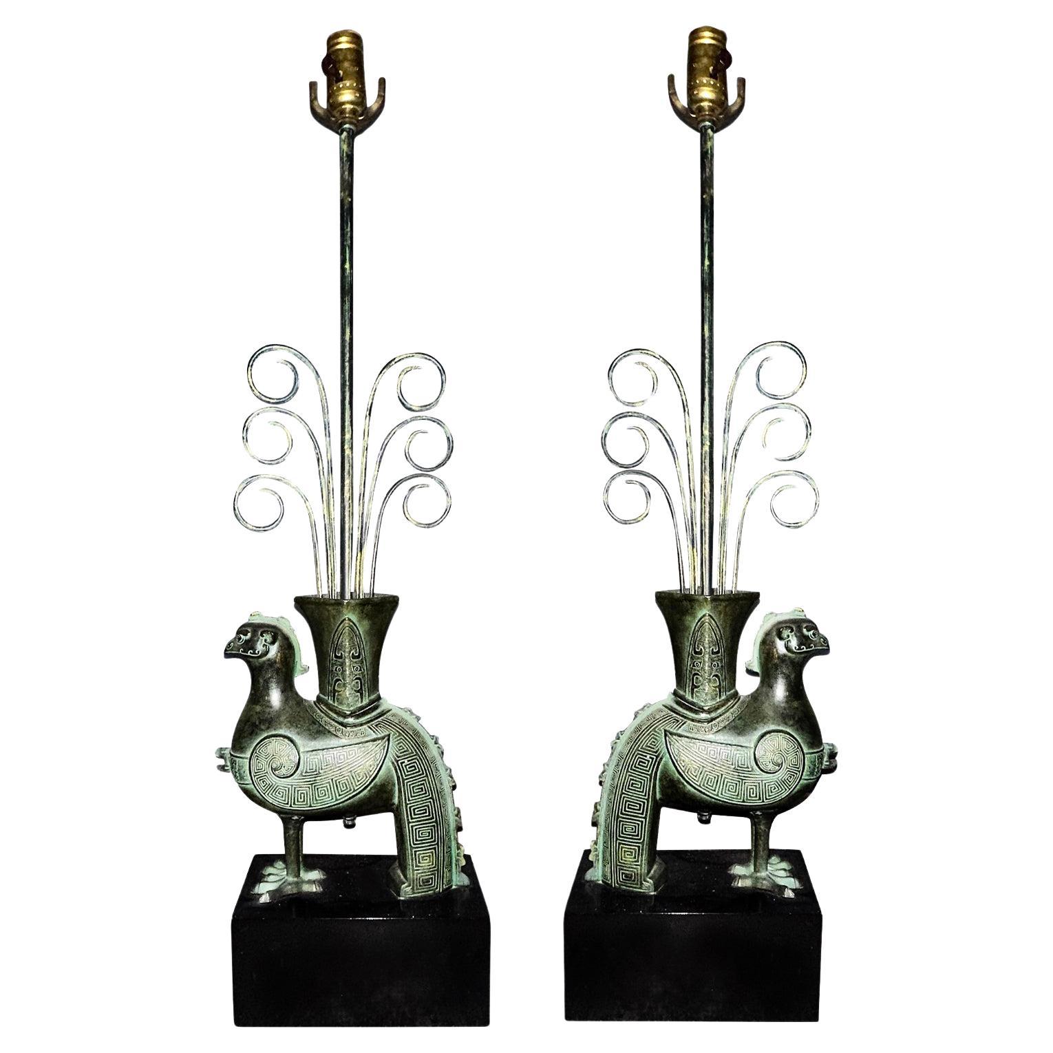 William Billy Haines Cast Metal with Pompeian Bronze Table Lamp Pair, 1950s For Sale
