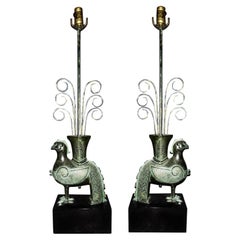 Retro William Billy Haines Cast Metal with Pompeian Bronze Table Lamp Pair, 1950s