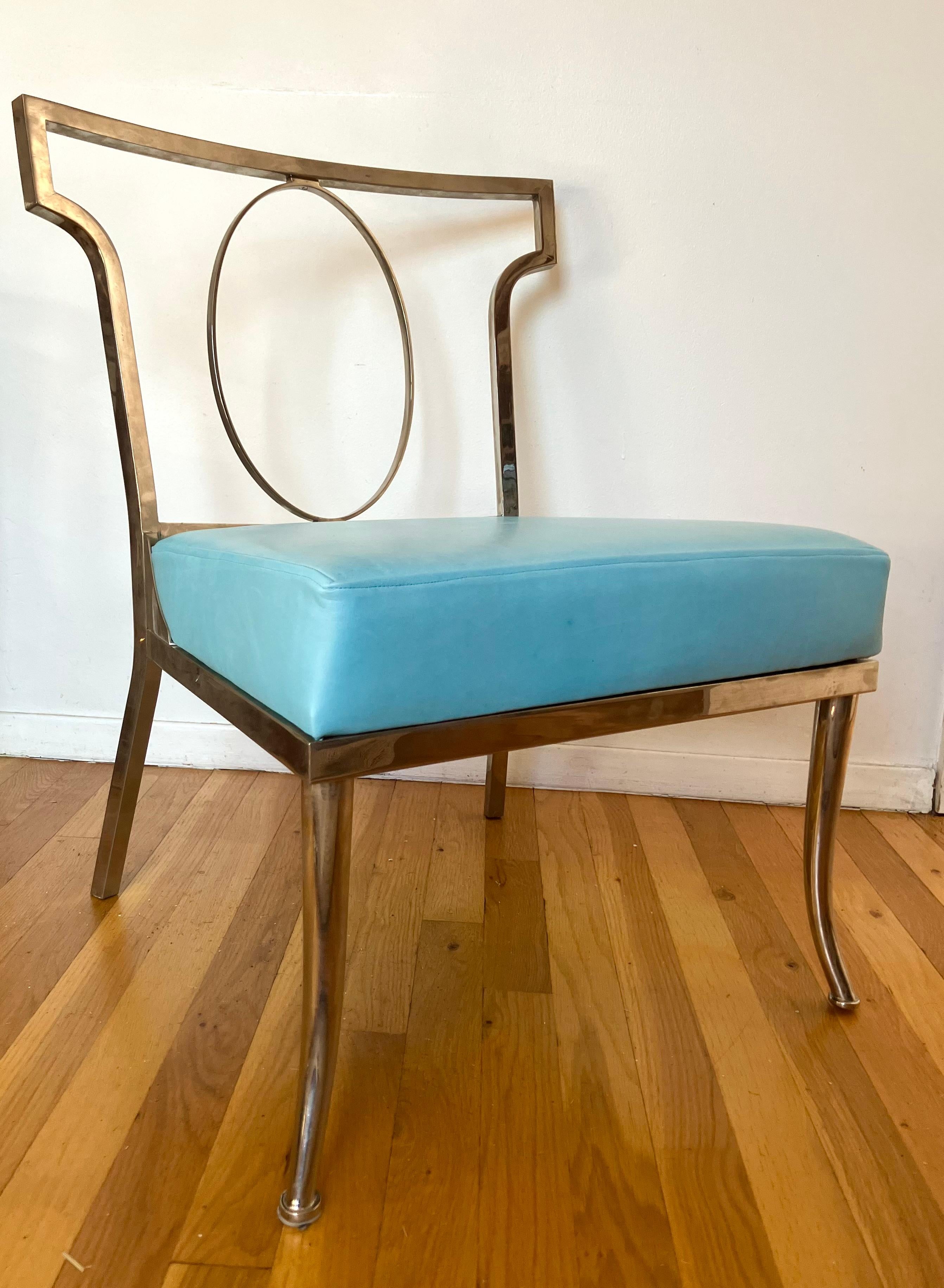 Hollywood Regency Chromed Brass and Turquoise Leather Chair attributed to William “Billy” Haines For Sale