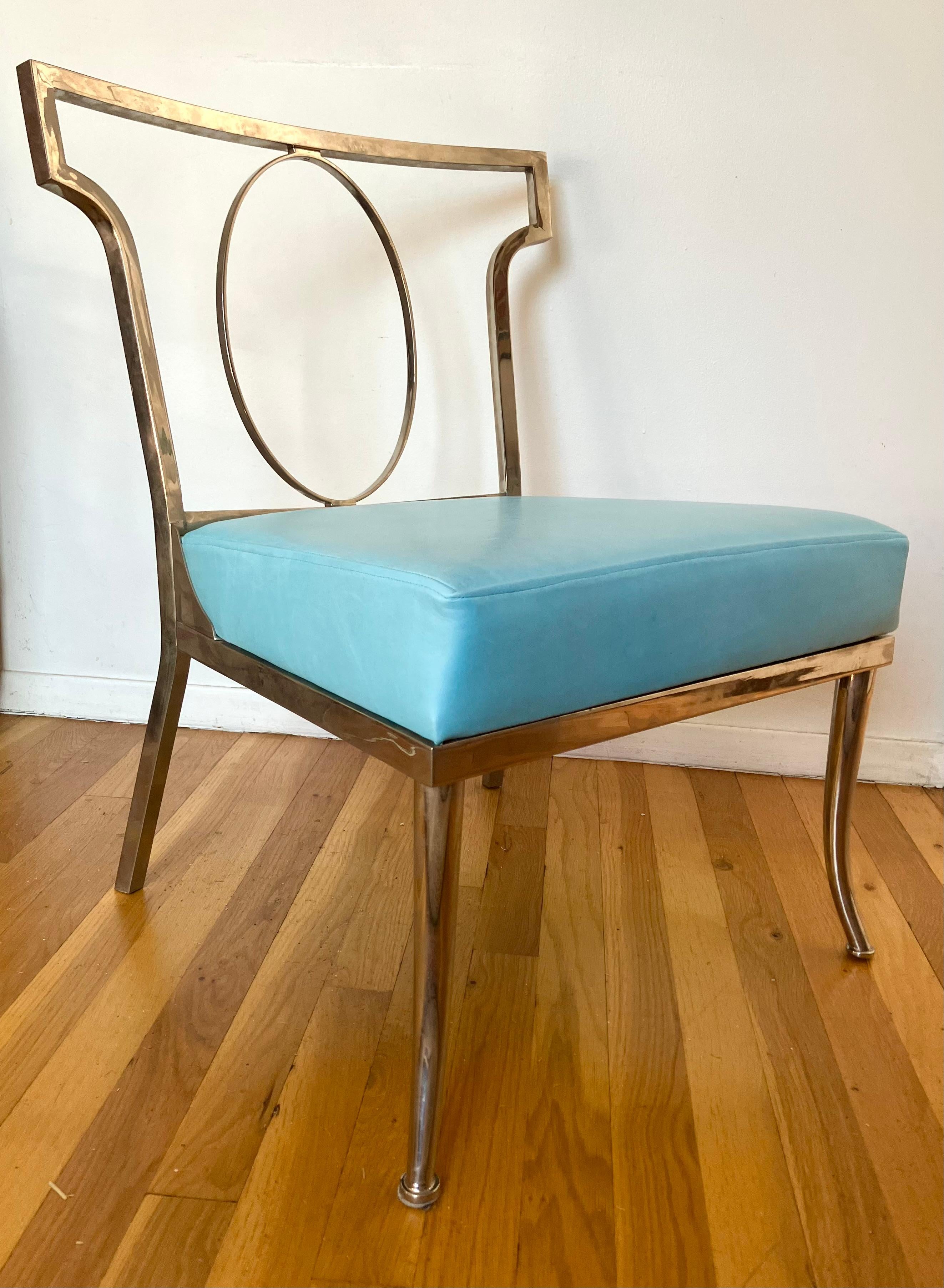 Chromed Brass and Turquoise Leather Chair attributed to William “Billy” Haines For Sale 5
