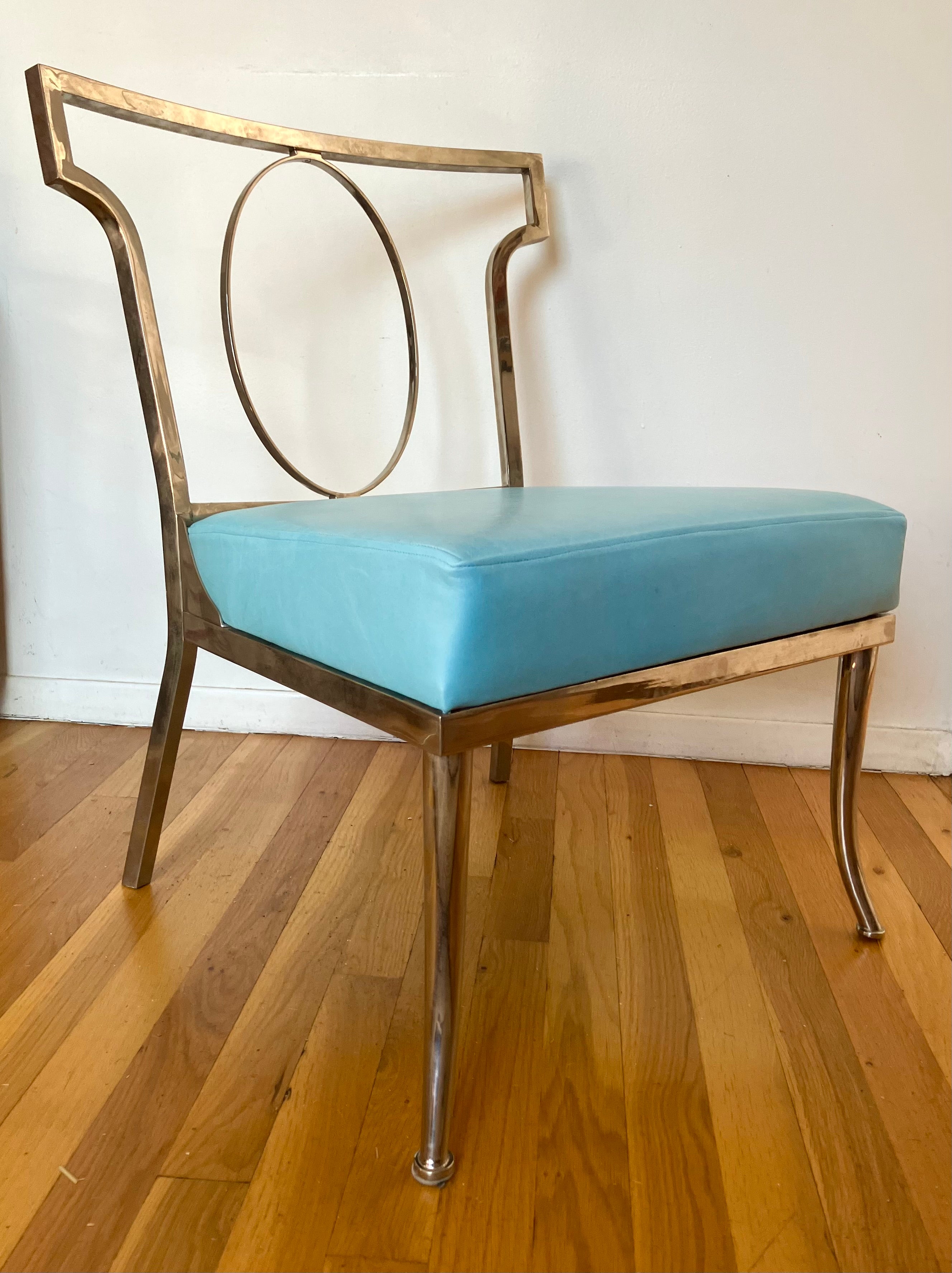 American Chromed Brass and Turquoise Leather Chair attributed to William “Billy” Haines For Sale