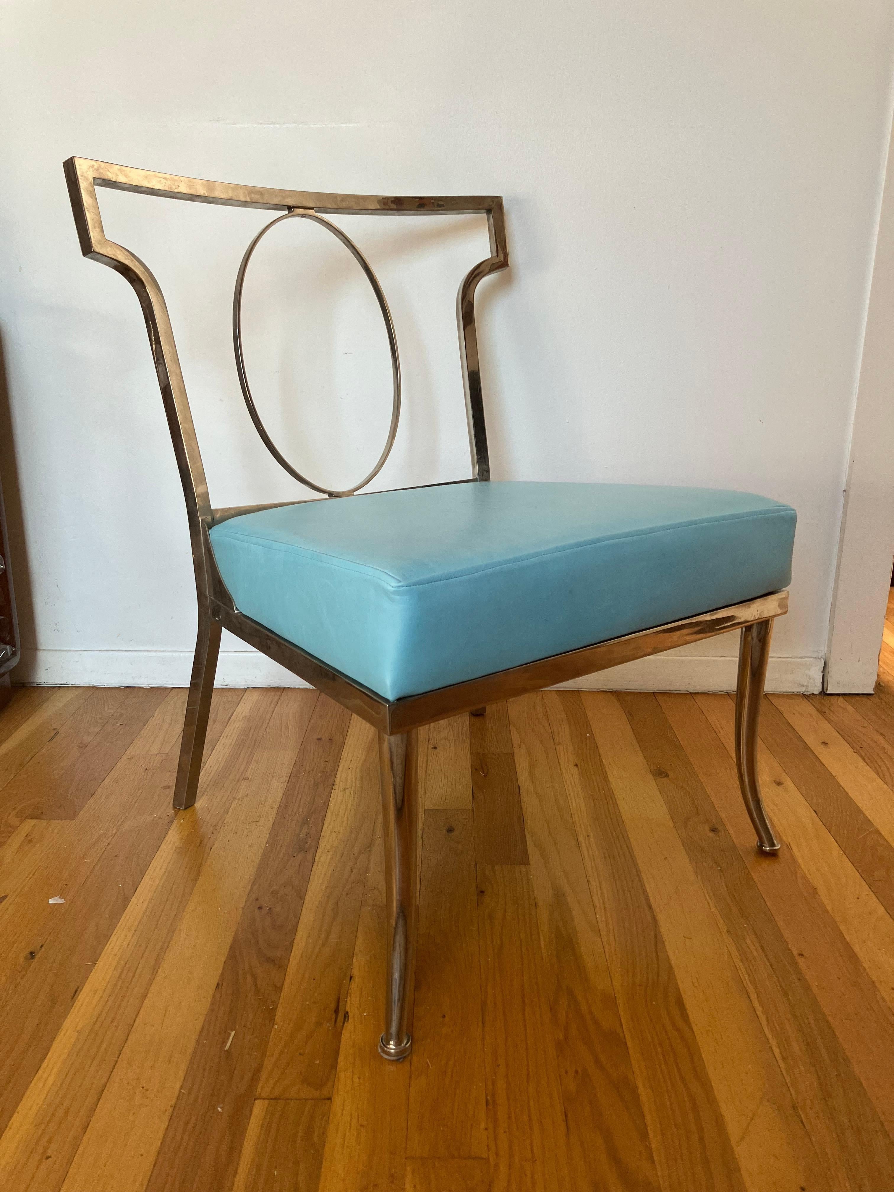 Chromed Brass and Turquoise Leather Chair attributed to William “Billy” Haines In Good Condition For Sale In Brooklyn, NY