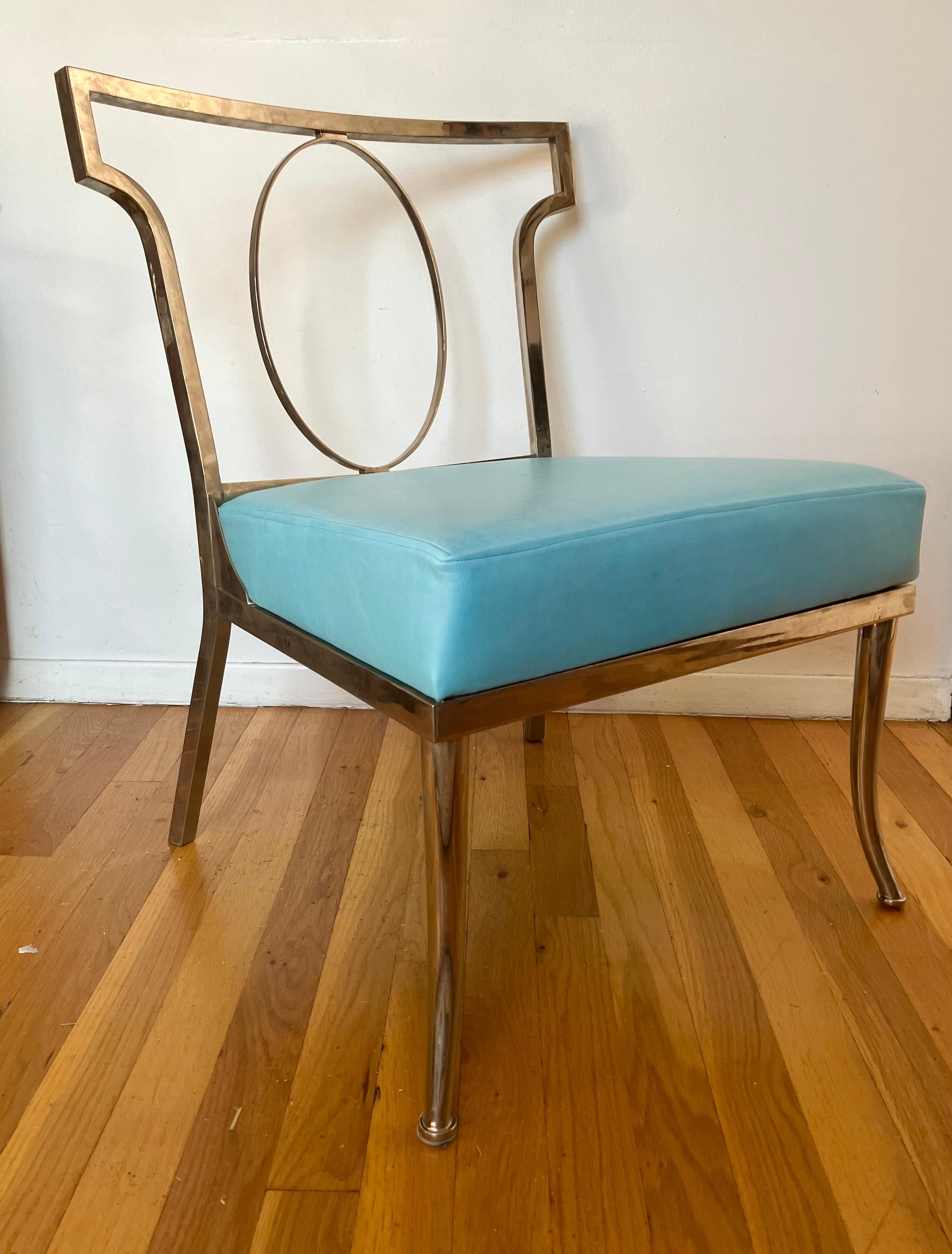 Mid-20th Century Chromed Brass and Turquoise Leather Chair attributed to William “Billy” Haines For Sale