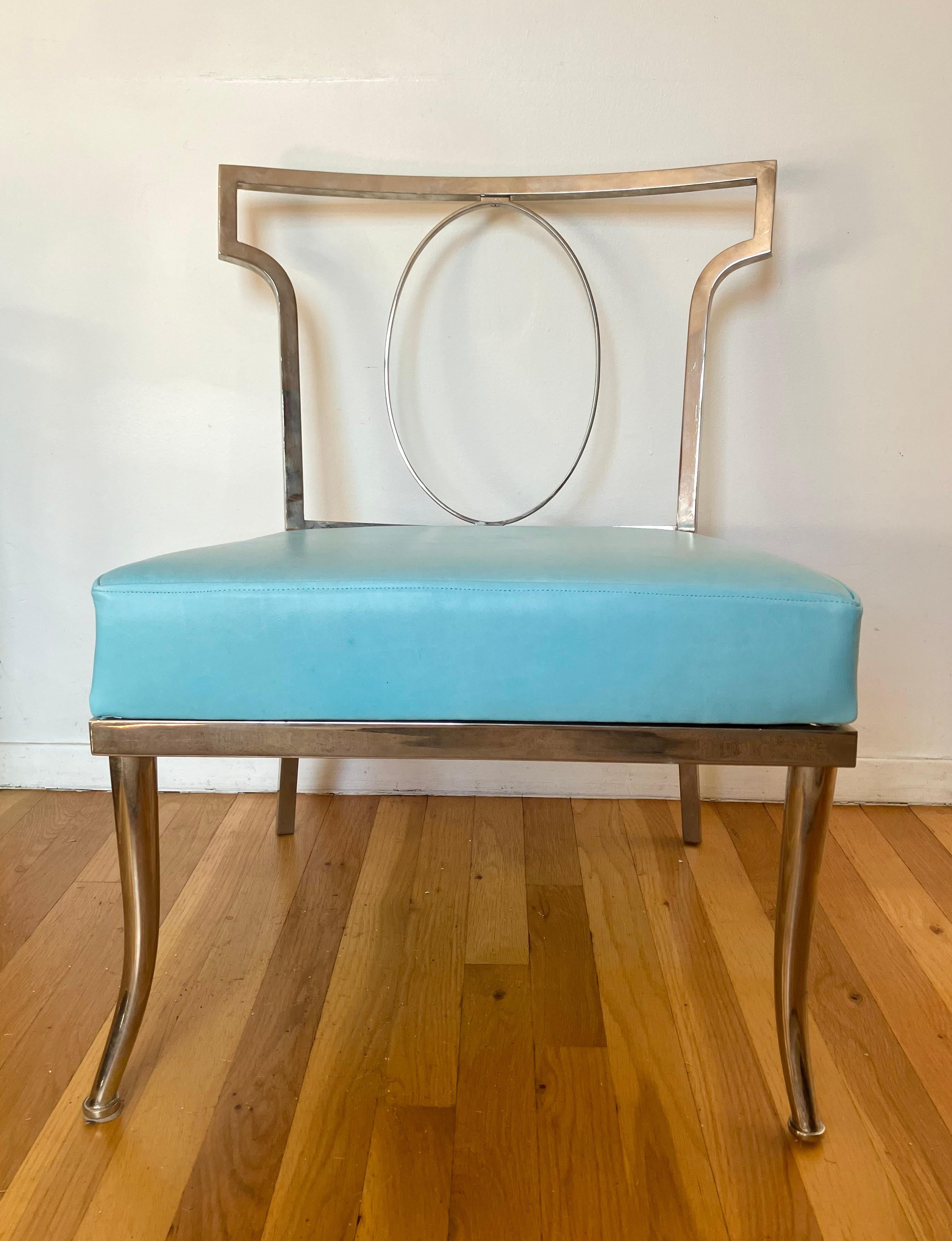 Chromed Brass and Turquoise Leather Chair attributed to William “Billy” Haines For Sale 1