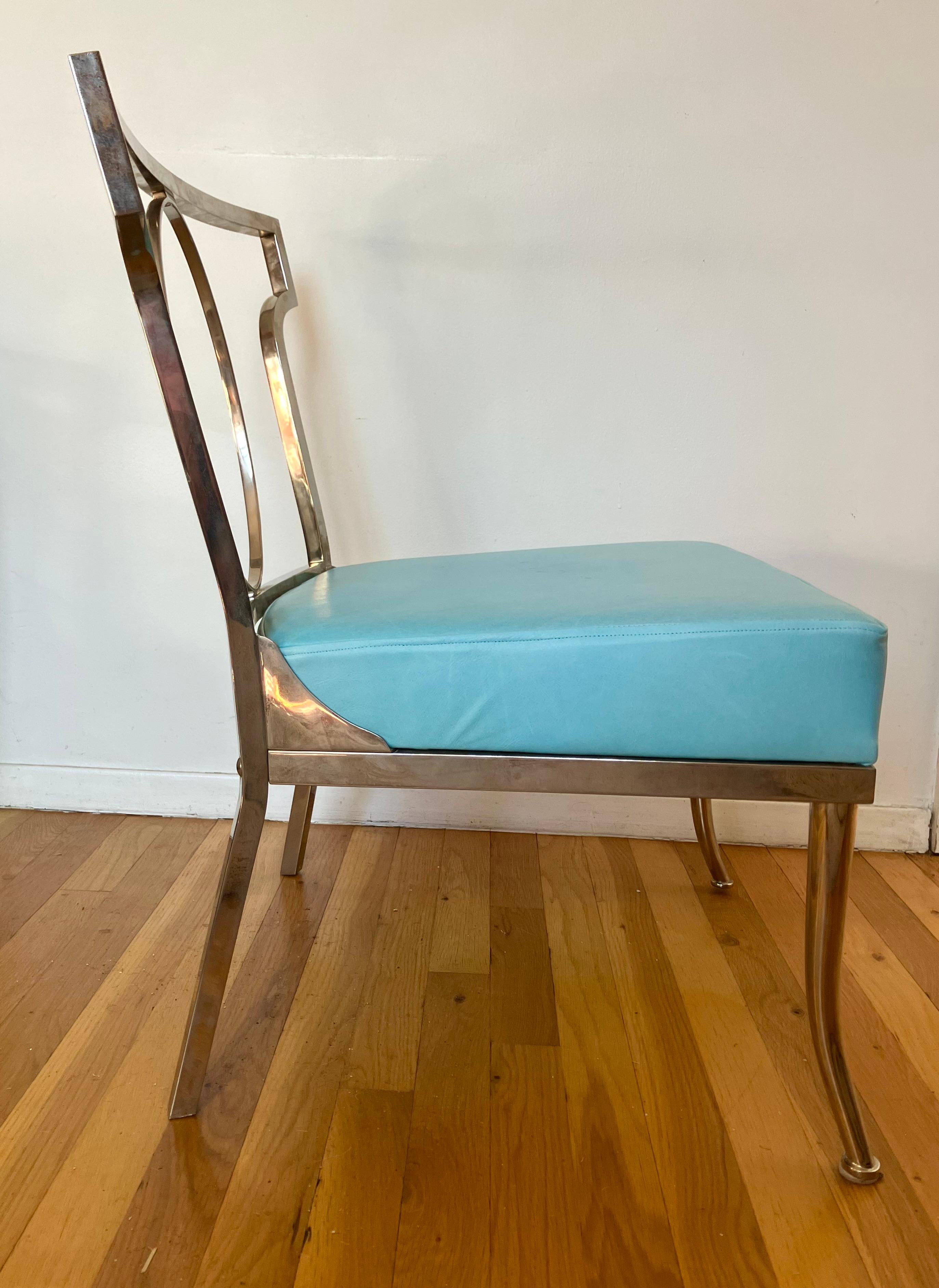 Chromed Brass and Turquoise Leather Chair attributed to William “Billy” Haines For Sale 3