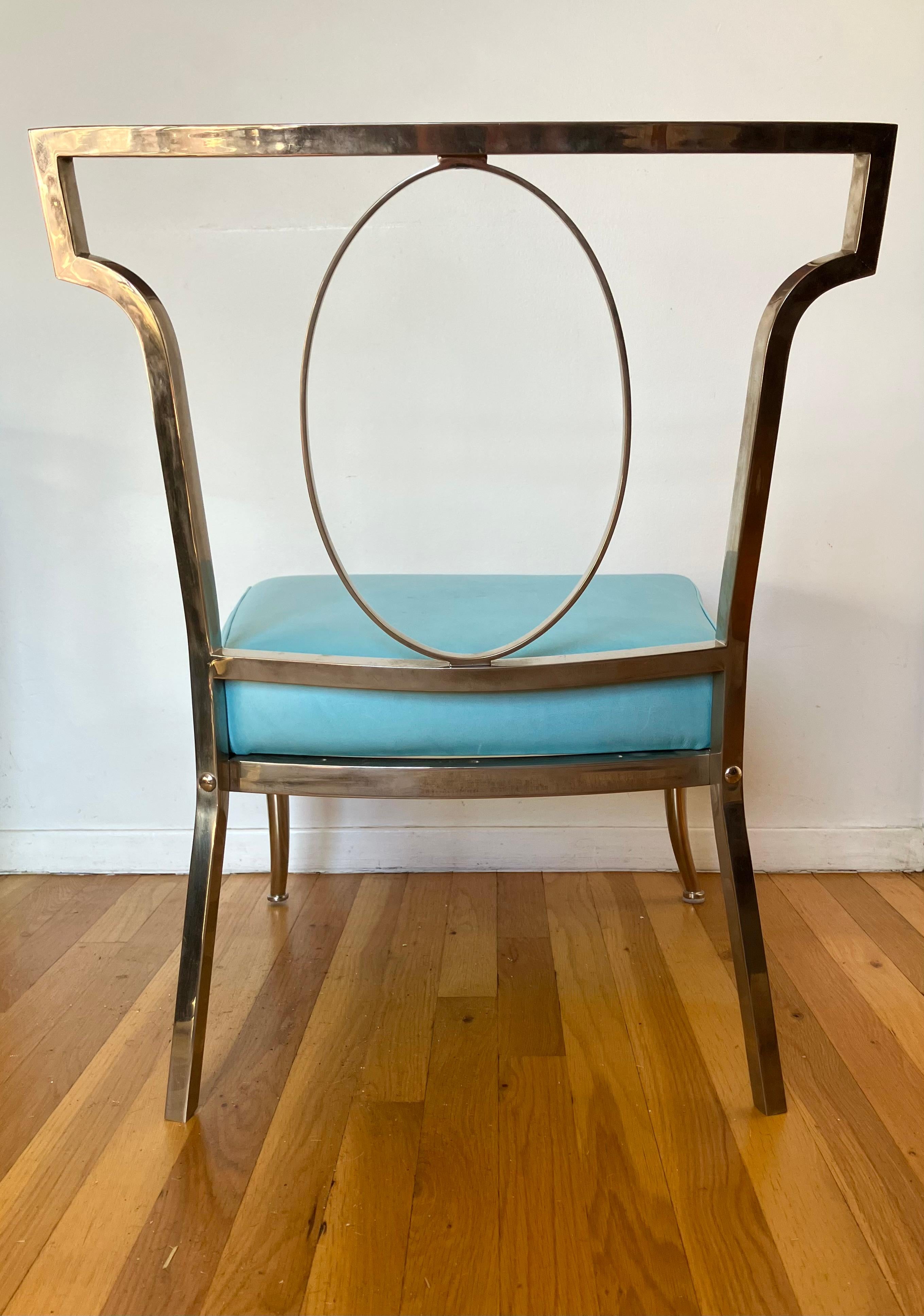 Chromed Brass and Turquoise Leather Chair attributed to William “Billy” Haines For Sale 4