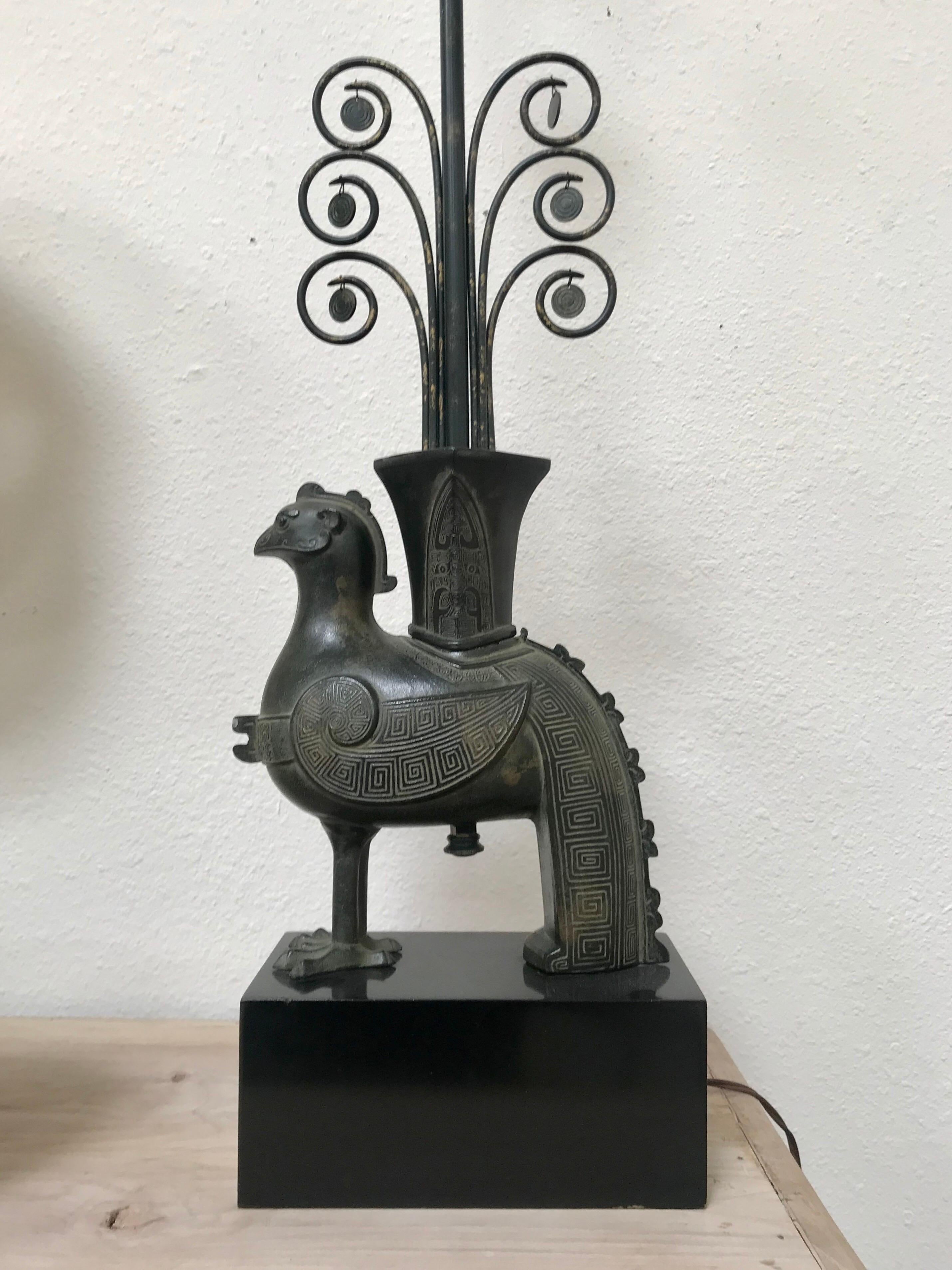 Cast metal with Pompeian bronze
original finial and hardware
black lacquered wood base
works fine
no shade
great for any interior 
 