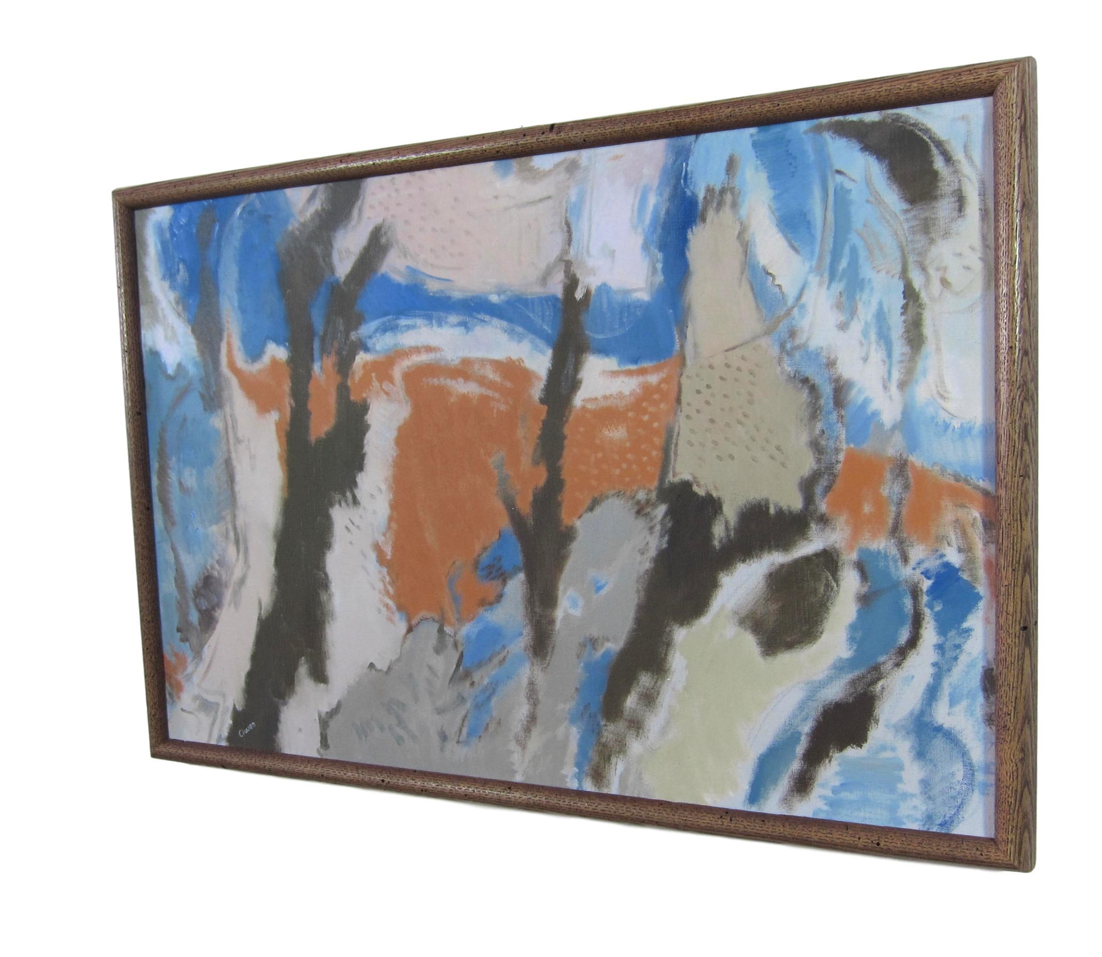 Mid-century modern abstract oil painting by American artist William Bishop Owen Jr. titled 'Mandalay'. This works comes from a collection of paintings by the artist that were held by the artist's family since the last exhibition of the artist's