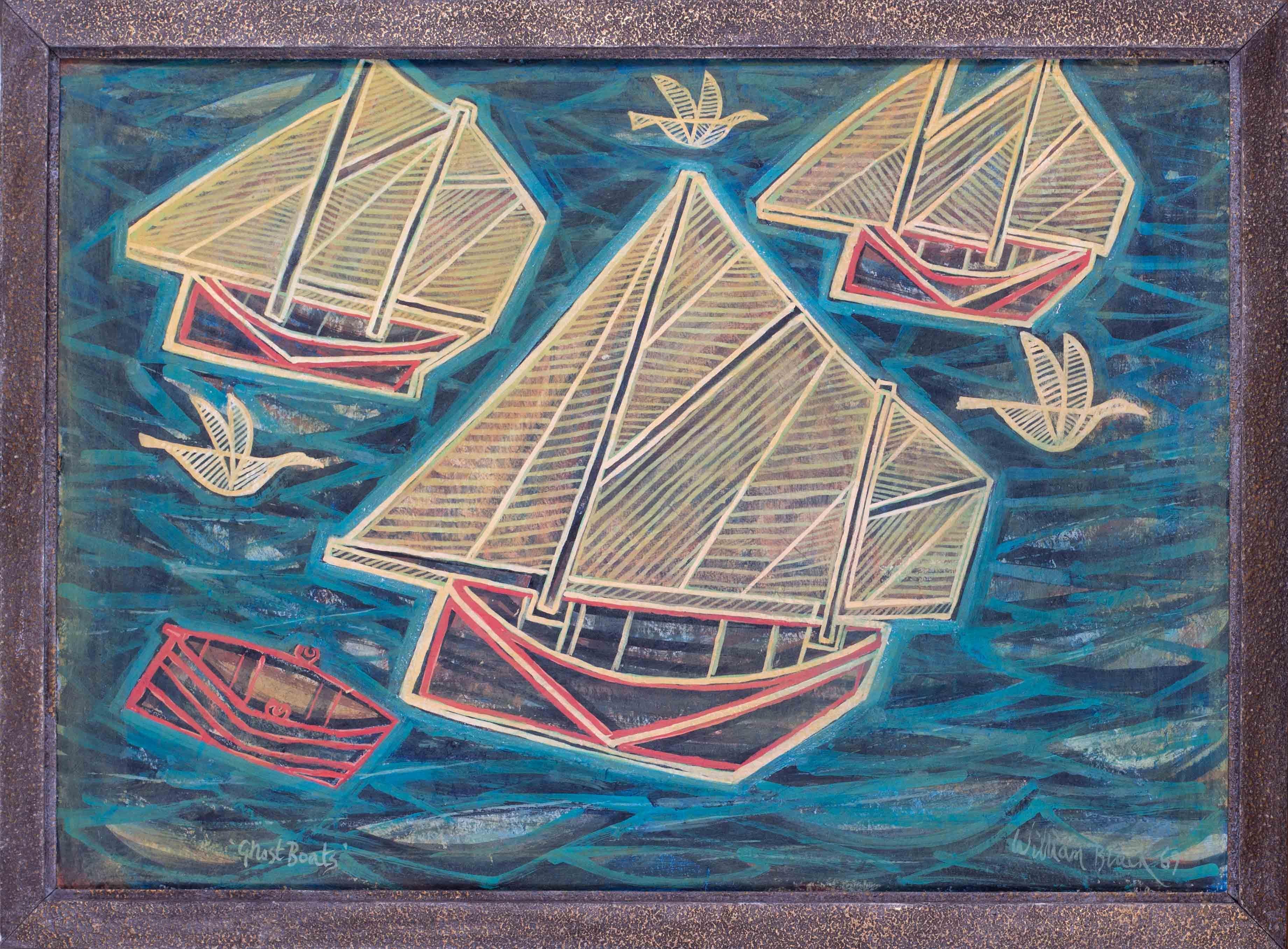 William Black (britannico, n. 1963 - 69)
Barche fantasma
Tecnica mista su tavola
Titolato, firmato e datato 'Ghost Boats, William Black 69' (bordo inferiore)
17 x 23.3/4 in. (43.2 x 60.5 cm.)
