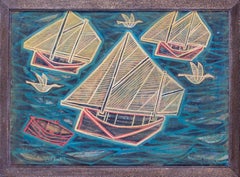 Vintage 'Ghost Boats' by William Black, British, Cornish, mixed media painting, 1969